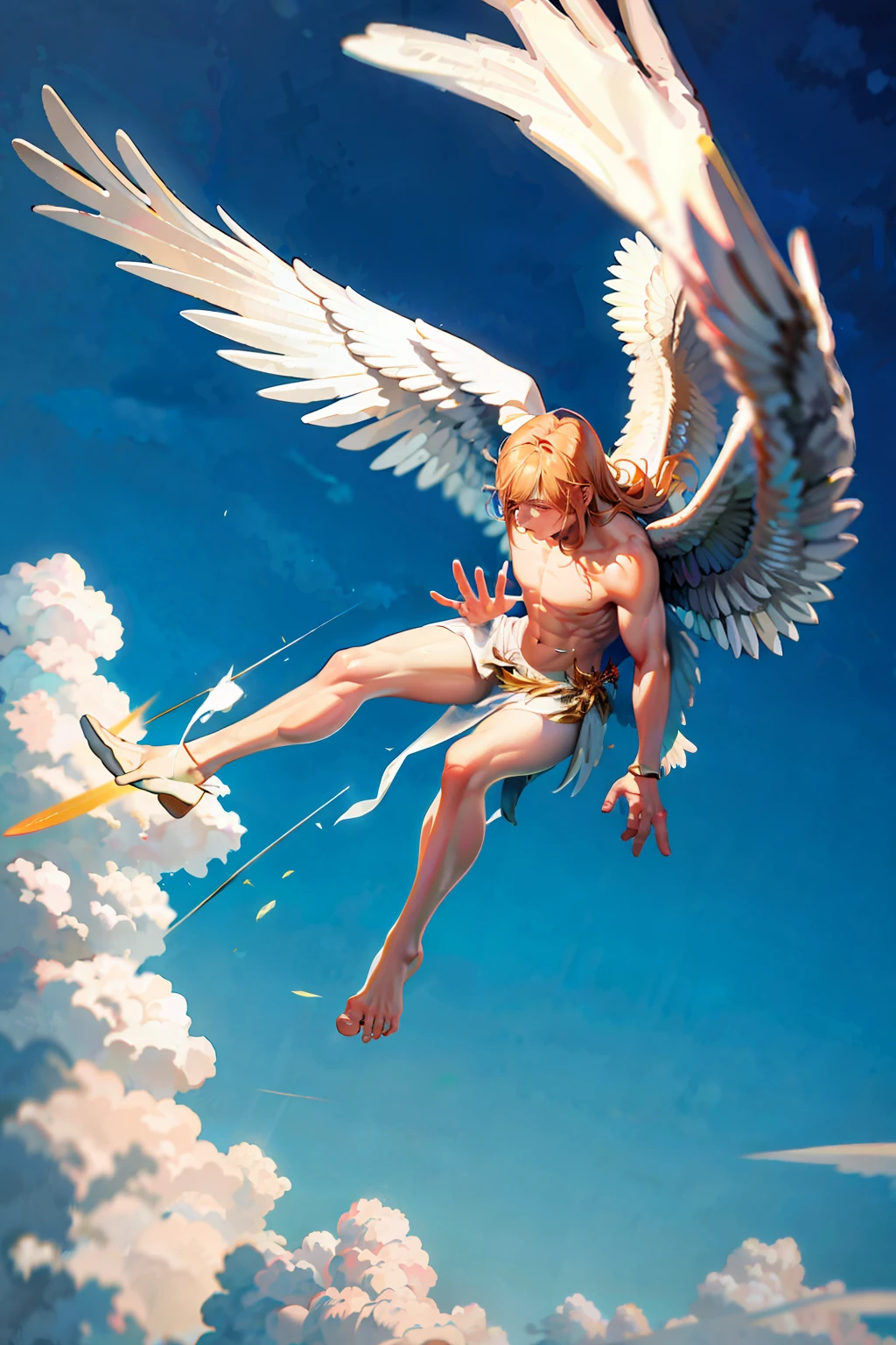 Icarus flying with his wings melting realistic and a hand about to hold him