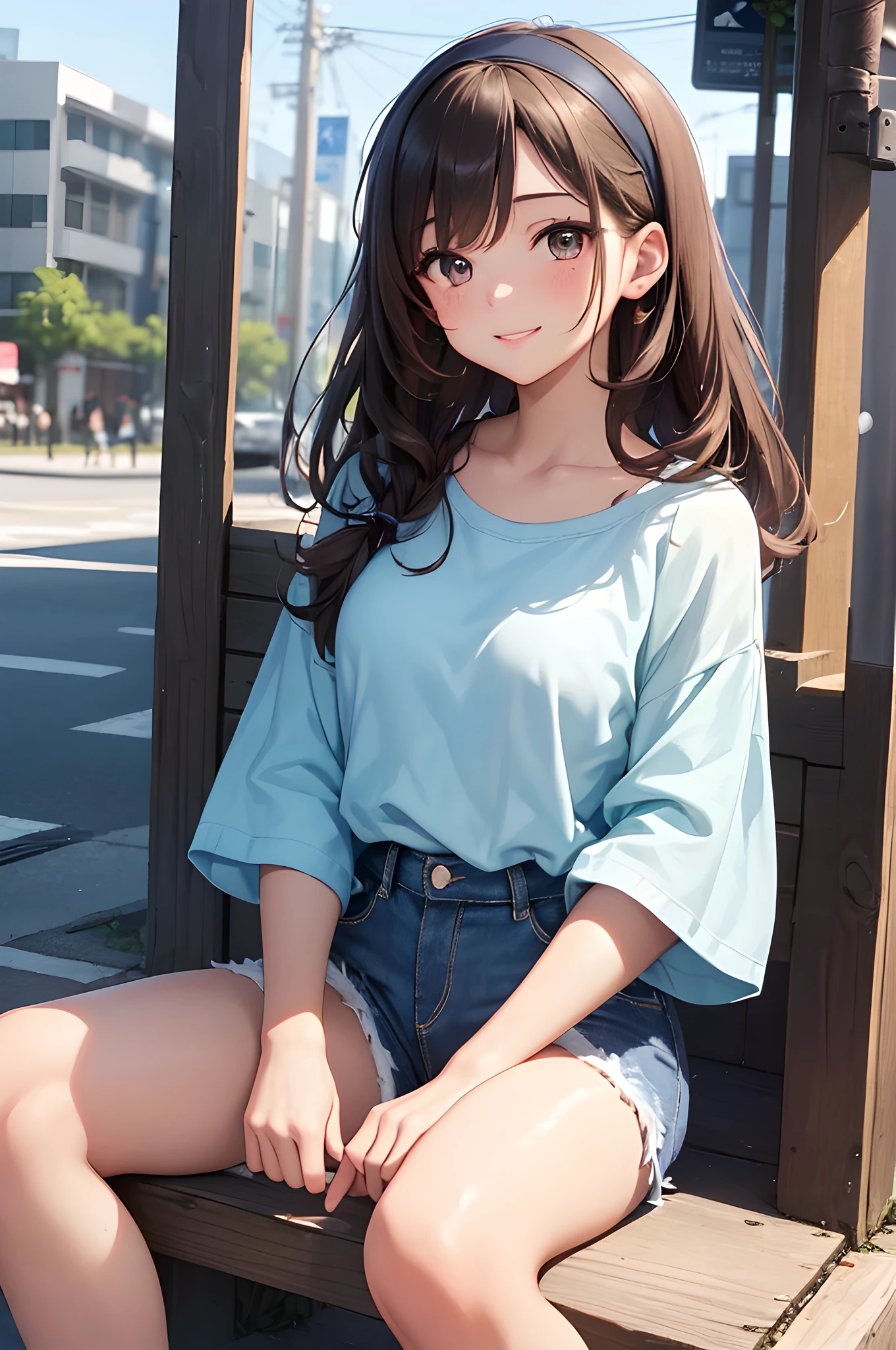 (masterpiece), (portrait), (aesthetic), (beautiful), (upper blody), (high quality), (aesthetic clothings), (professional angle), (rule of thirds), (Feminine), (woman), (female), (beautiful),(feminine features), (25 years), (solo), (1), 1 woman, (attractive Japanese), Summer, Natural light, (Sitting), Fresh Makeup, (Small bust), ((holding a -)), (Front face), (Smiling expression), ((Happy and Cute Mood)), Headband, ((Medium hair)), (Brown hair), (Wavy hair), (Silky hair), Glossy shine hair, (Hairpin and Ribbons in hair), (Brown eyes), (Playful and Youthful look), (Fair skin), (Pastel clothing), (T-Shirt), (Denim Shorts), (Sneakers), Scoop Neck neckline), ((Urban background)), (- in background), (Medium Shot shot), beautiful hands, two hands, normal hands, two arms, complete hands, beautiful body, beautiful fingers, normal fingers, five fingers, five fingers, (Thumb index meddle ring little fingers), beautiful ears, normal ears, beautiful eyes, shiny eyes, beautiful mouth, beautiful lips,