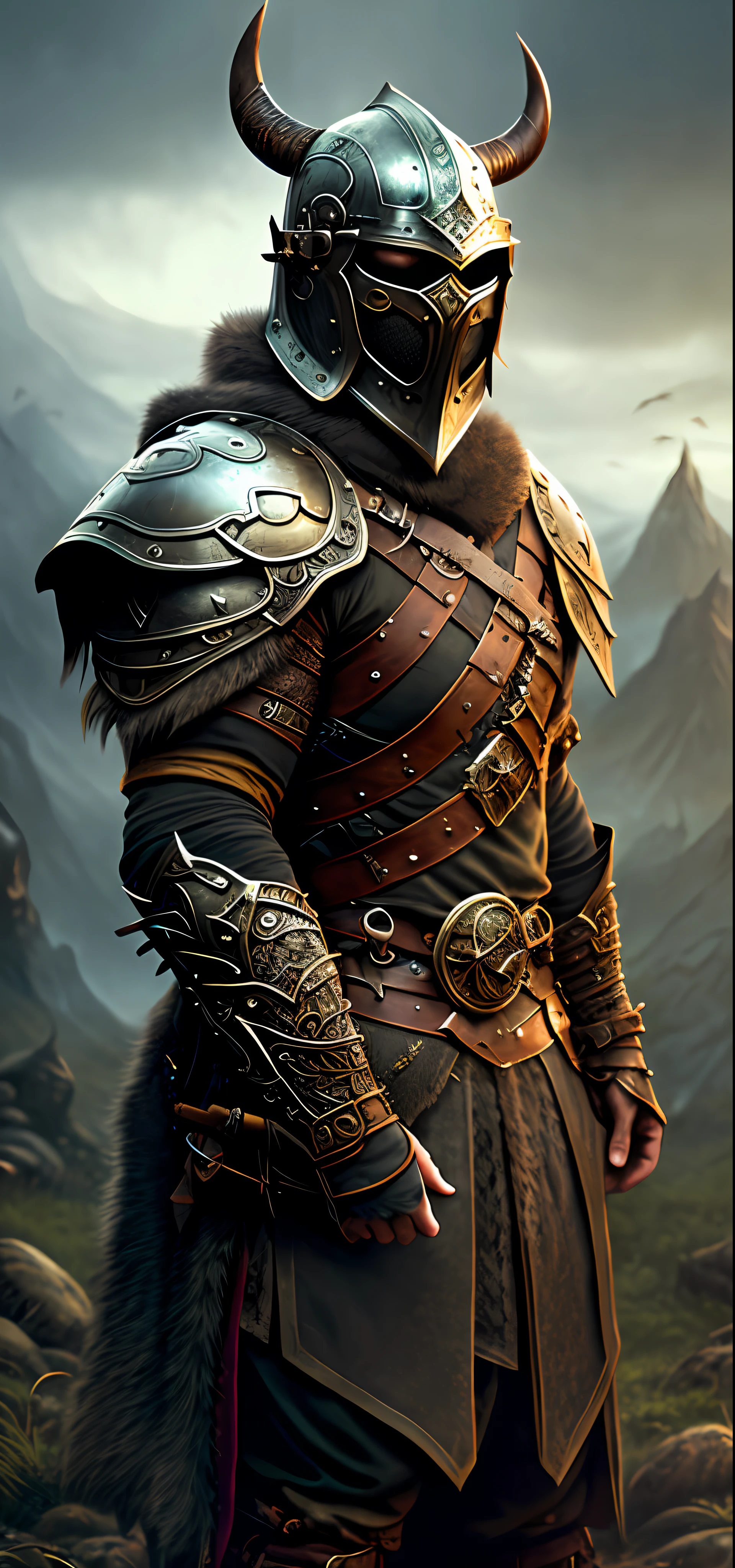 Viking warrior, hyper detailed and ornate black armor, dark helmet, dark look, full body, in artstation forest art, hazy background, realistic epic, rutkowski, hdr, intricate details, hyperdetailed, cinematic, rim light, muted colors: 1.2, dark fantasy, dark and reddish sky, with dark mountains in the background, dark and dangerous atmosphere