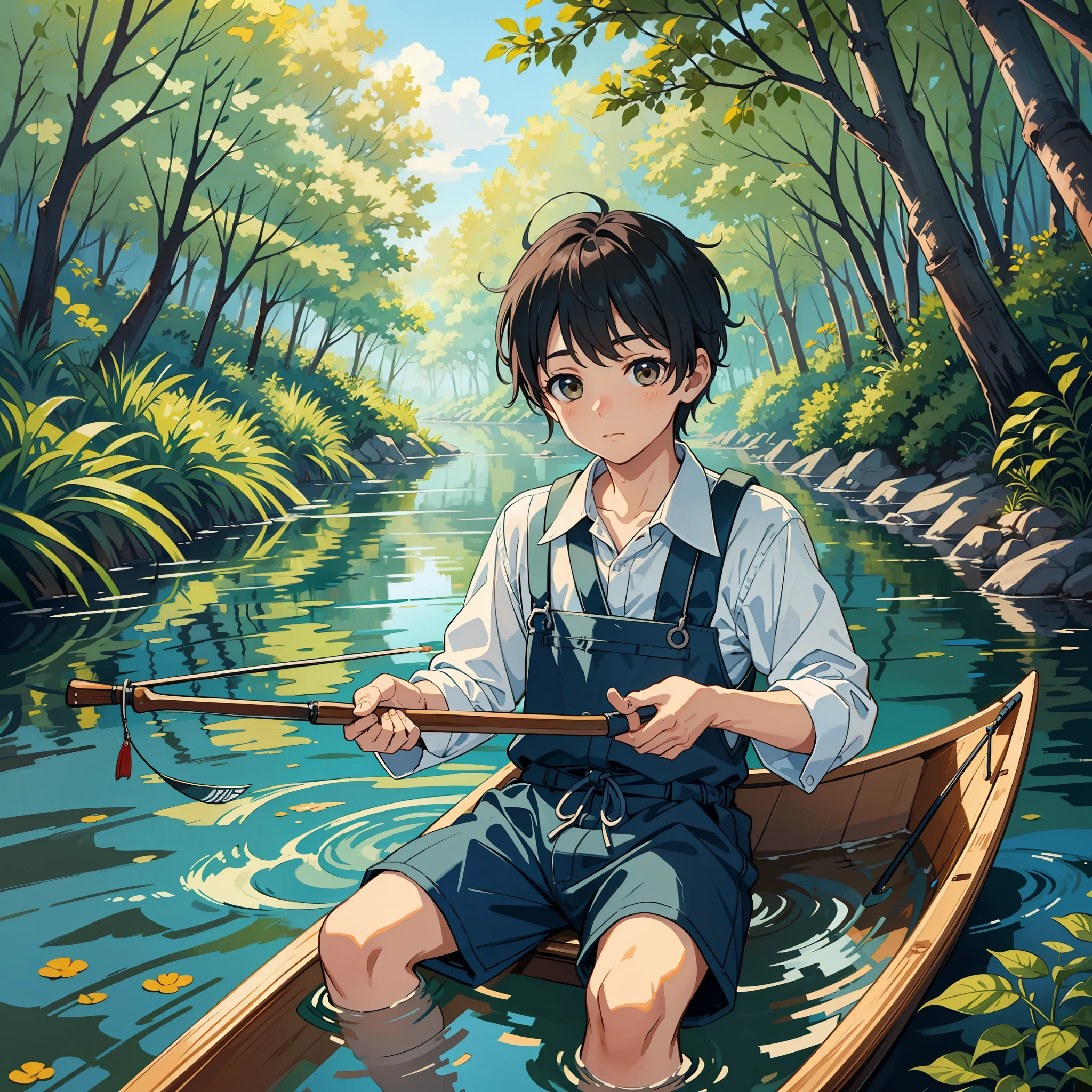 Close-up of a boy in a canoe holding a fishing rod, sleepy expression,fishing, river, fish jumps from the water, forest, woods,