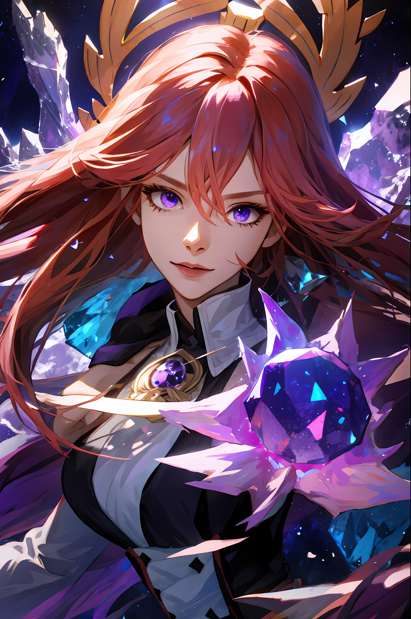 (absurdres, highres, ultra detailed), 1woman, mature female, aged up, wavy long hair, auburn hair, purple eyes, bangs, long sleeves, finely detailed eyes and detailed face, extremely detailed CG unity 8k wallpaper, intricate details, (style-swirlmagic:1.0), looking at viewer, solo, upper body, detailed background, close up, detailed face, (gothic dark ages theme:1.1), crystal sorcerer, dynamic pose, earth themed clothes, crystal crown, floating in the air, glowing magical shards, surrounded by blue magical crystals, rock formations, stalactites, magical floating particles, crystal glass, crystal sphere, crystal canyon background, (shallow water:0.7), epic ethereal atmosphere, updraft,, portrait, pink hair, yae miko