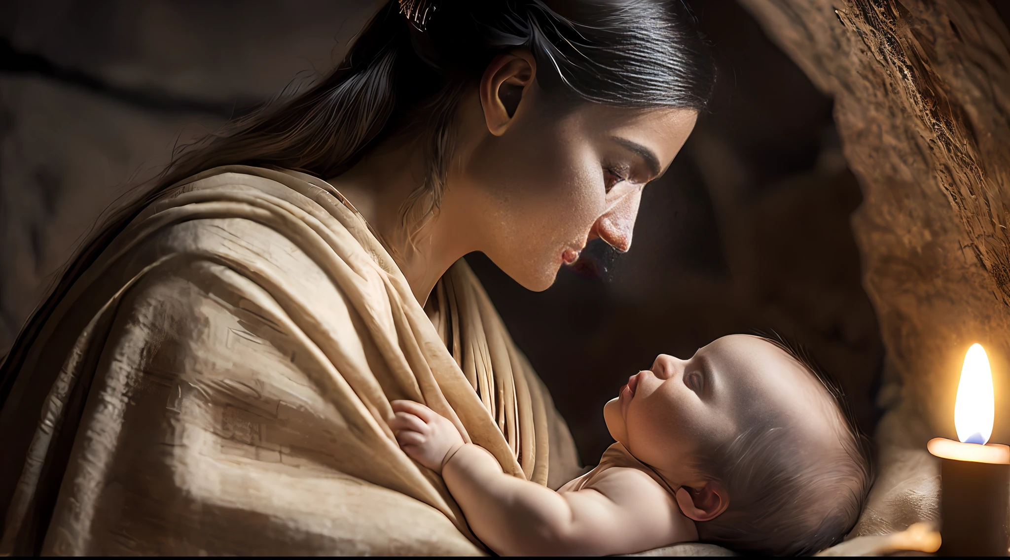 Ancient Israel, Biblical Times, 1st Century Birth of Jesus Christ, Mary Holding Baby, Dirty Stable, Midnight, 8k, RAW Photography, Top Quality, Masterpiece: 1.5, ULRA High Resolution, Photorealistic: 1.5, Cinematic Light, Soft Volumetric Lighting: 1.5, Realistic, Photorealistic: 1, Detailed Skin, Professional Lighting, Photography, Sharp Focus, detail, professional lighting, photon mapping, detailed and complex environment, highly detailed, highest quality, artistic photography, photorealistic concept art, soft natural volumemetric cinematic perfect light, mid-journey, detailed hands,