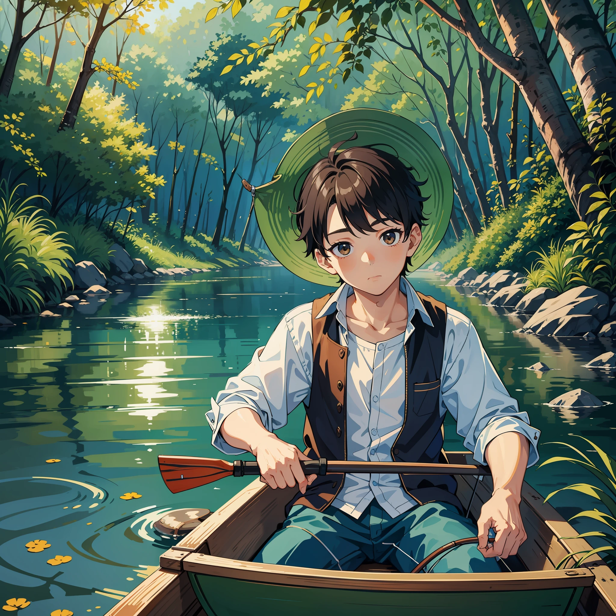 Close-up of a boy in a canoe holding a fishing rod, sleepy expression,fishing, river, fish jumps from the water, forest, woods,