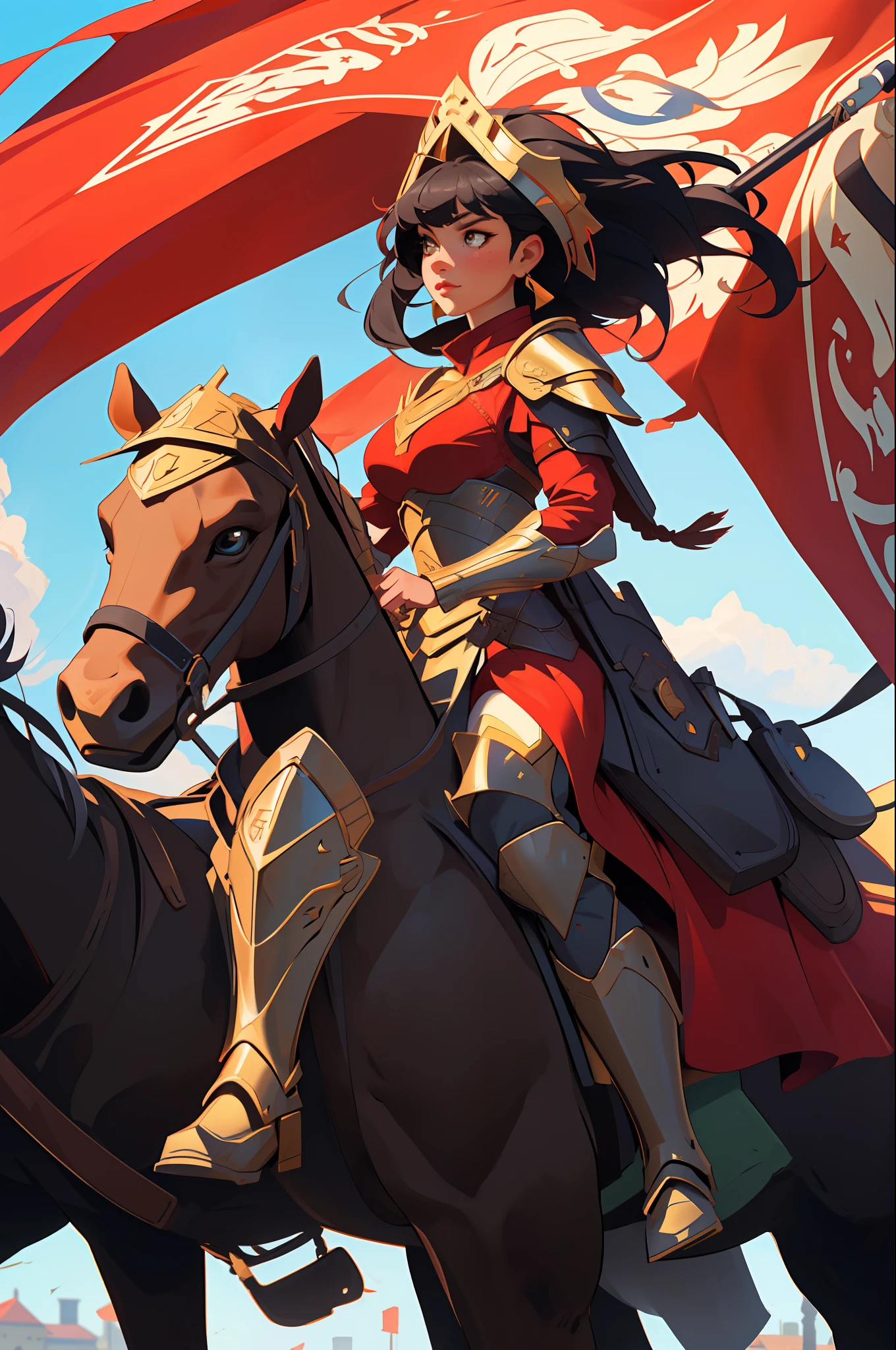 Riding on the back of a horse with a gold helmet and a red ribbon,
in front of a group of people in armor ,in a field with flags in the background,a line of red flags and a building,
red outfit,shoulder_armor,armor,armored dress, armored boots,red_cape,high_collar,a helmet on her head,
holding_weapon,spear,realistic, thighhighs,,
bangs,black_hair,brown_eyes,long_hair,turtleneck,
1 girl, 20yo,mature female,Beautiful Finger,Beautiful long legs,Beautiful body,Beautiful Nose,Beautiful character design, perfect eyes, perfect face,
looking at viewer,
NSFW,official art,extremely detailed CG unity 8k wallpaper, perfect lighting,Colorful, Bright_Front_face_Lighting,
(masterpiece:1.0),(best_quality:1.0), ultra high res,4K,ultra-detailed,
photography, 8K, HDR, highres, absurdres:1.2, Kodak portra 400, film grain, blurry background, bokeh:1.2, lens flare, (vibrant_color:1.2)
(Beautiful,large_Breasts:1.4), (beautiful_face:1.5),(narrow_waist),