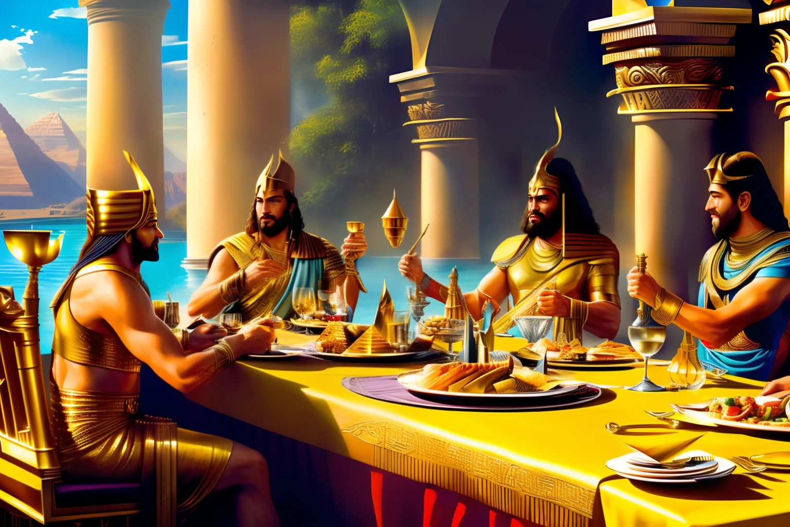 (fun) (ultrarealism) (64k UHD) (realistic photo) three Gods of Egypt, Gods of Olympus and Norse mythology sitting at the table having lunch, with various meals, chalices, wines, dances, songs, gold coins, notebook on the table, terrace, pool (realistic)