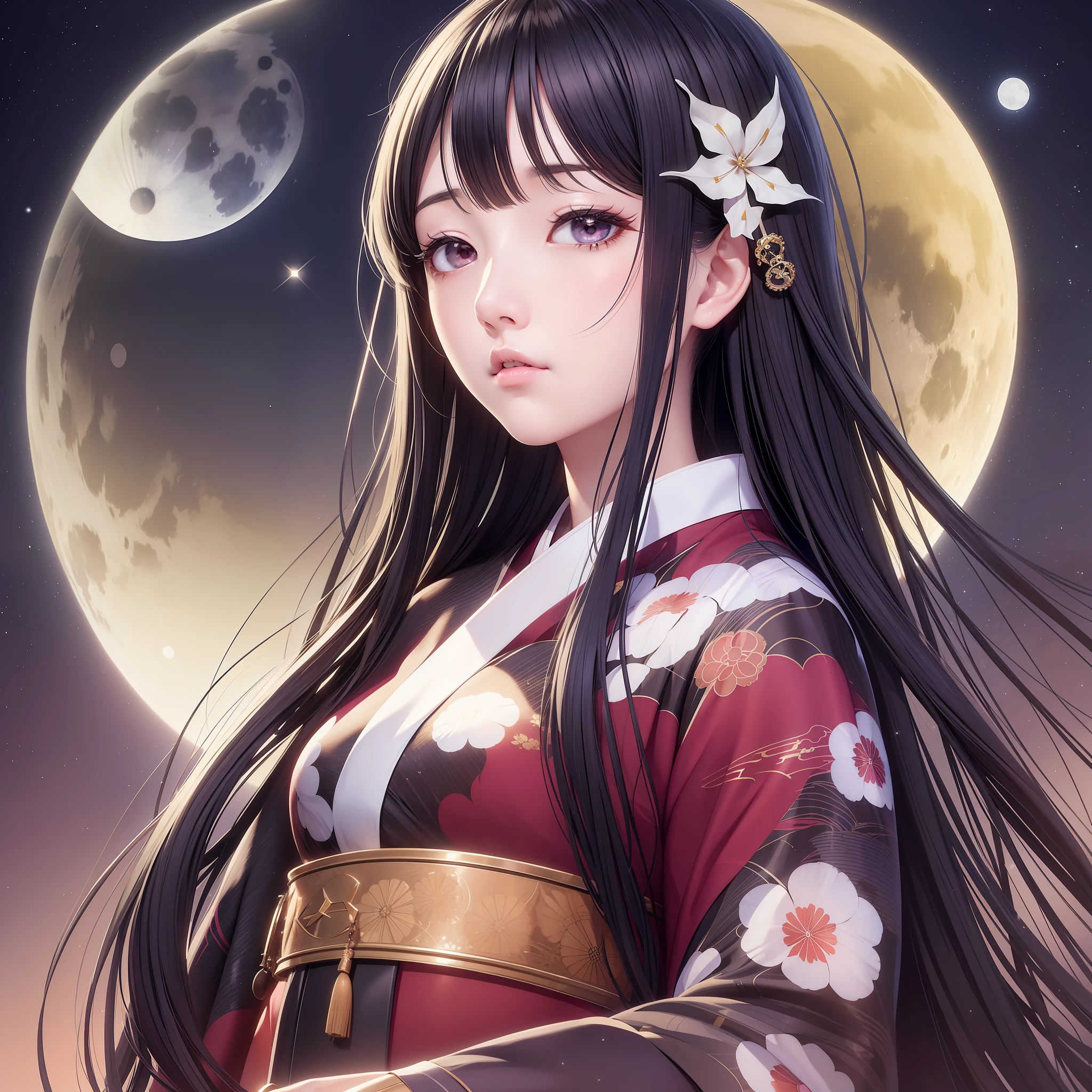 (Masterpiece) 8K resolution, Kaguya-hime, beautiful woman looking up at the moon, black straight long hair, hazel eyes, black eyes, sad face, kimono, fantasy style,