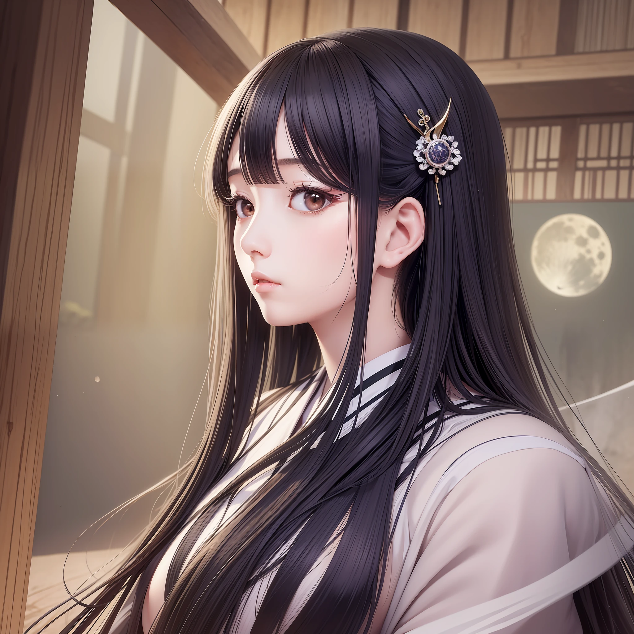 (Masterpiece) 8K resolution, Kaguya-hime, beautiful woman looking up at the moon, black straight long hair, hazel eyes, black eyes, sad face, kimono, fantasy style,