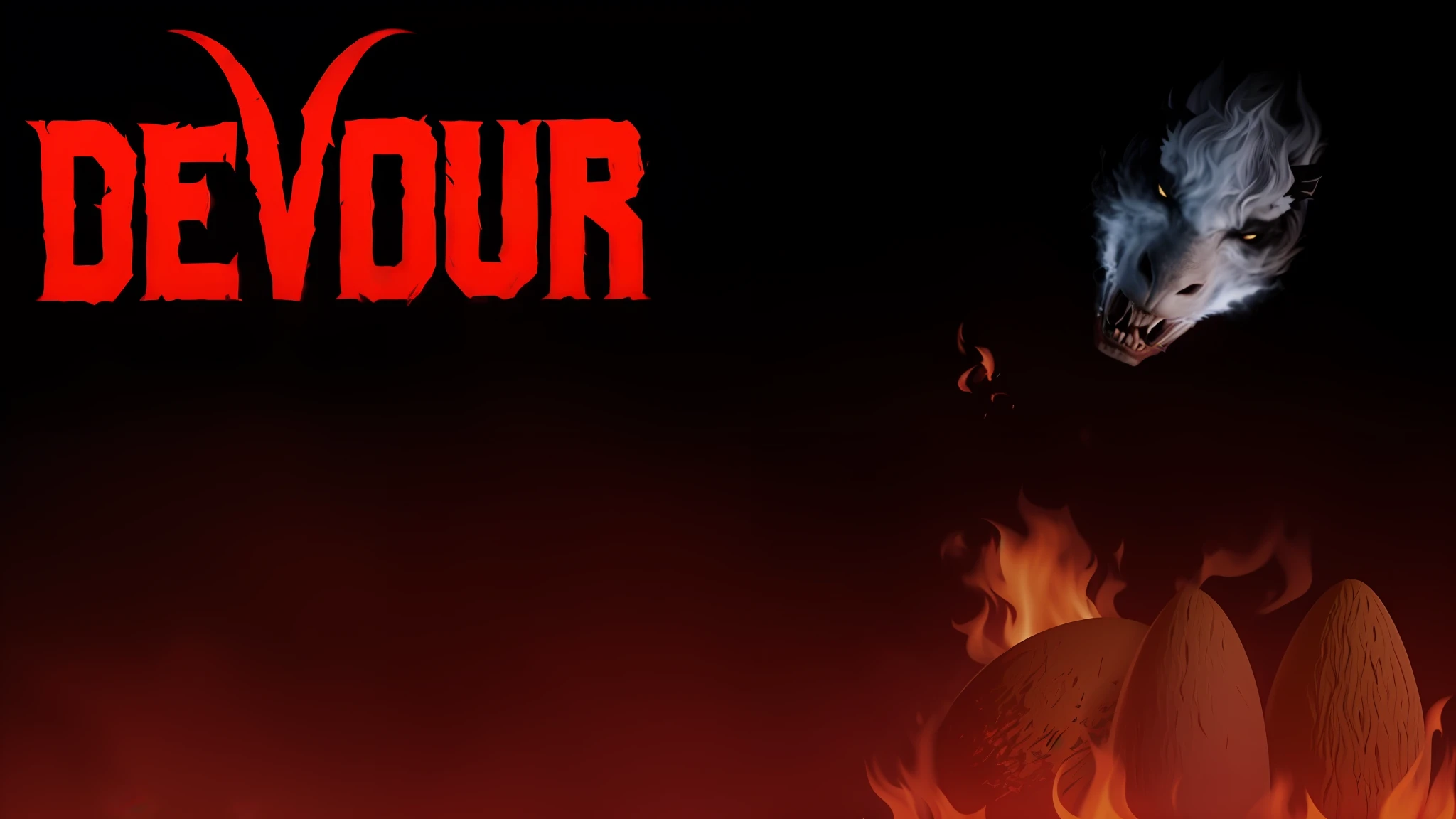 A poster for the devil is coming out of a fire, steam, about to consume it, fierce, his time finally come, Kardur's vicious return, his time finally come, Banner, Furious, Kardur\'s vicious return, carnivore, voracious, promotional movie, Foresthour, the white-faced demon is looking at 3 Burning Easter eggs