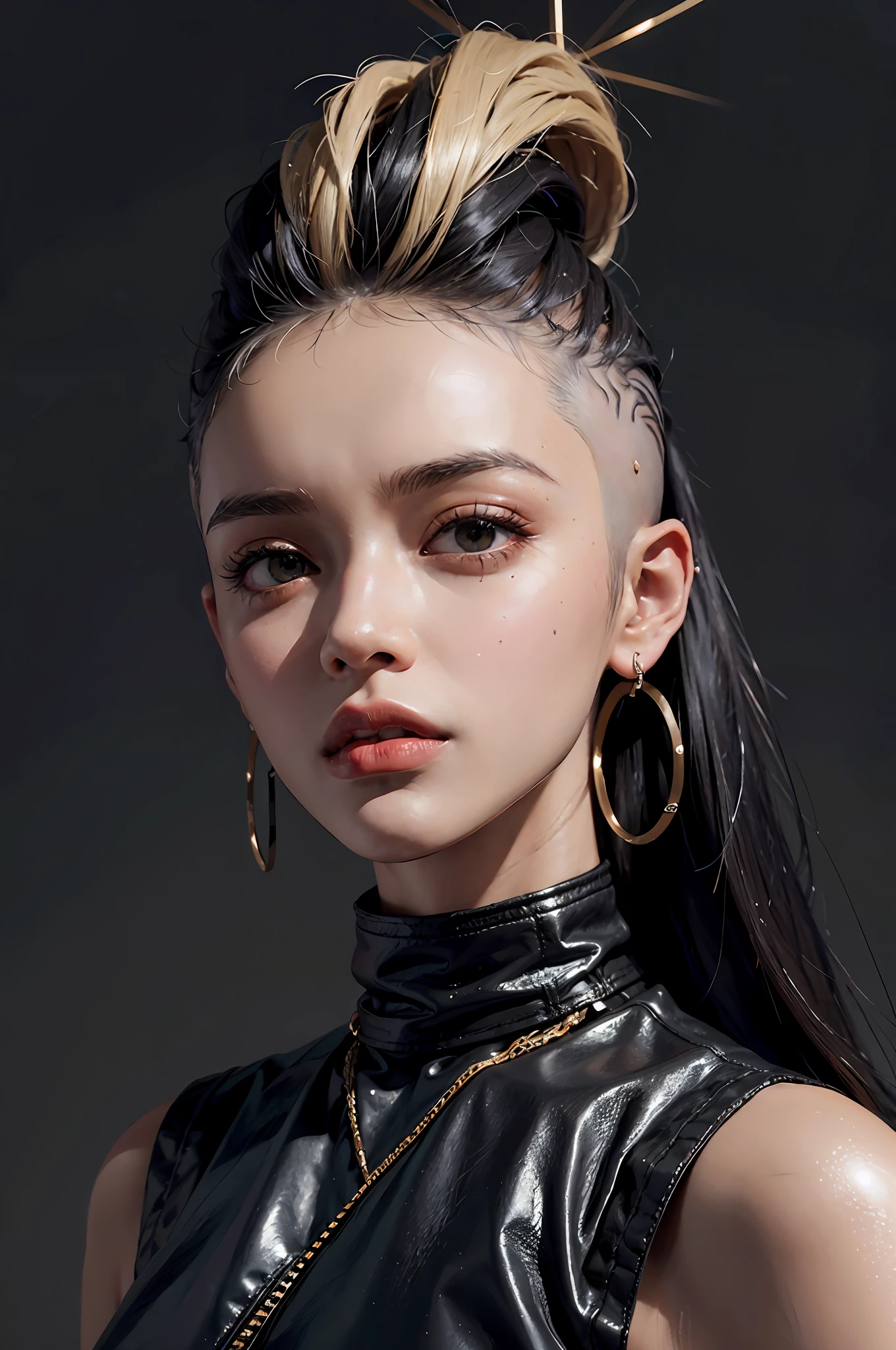 a 30 yo android woman,(hi-top fade:1.3),long hair,dark theme, soothing tones, muted colors, high contrast, (natural skin texture, hyperrealism, soft light, sharp),