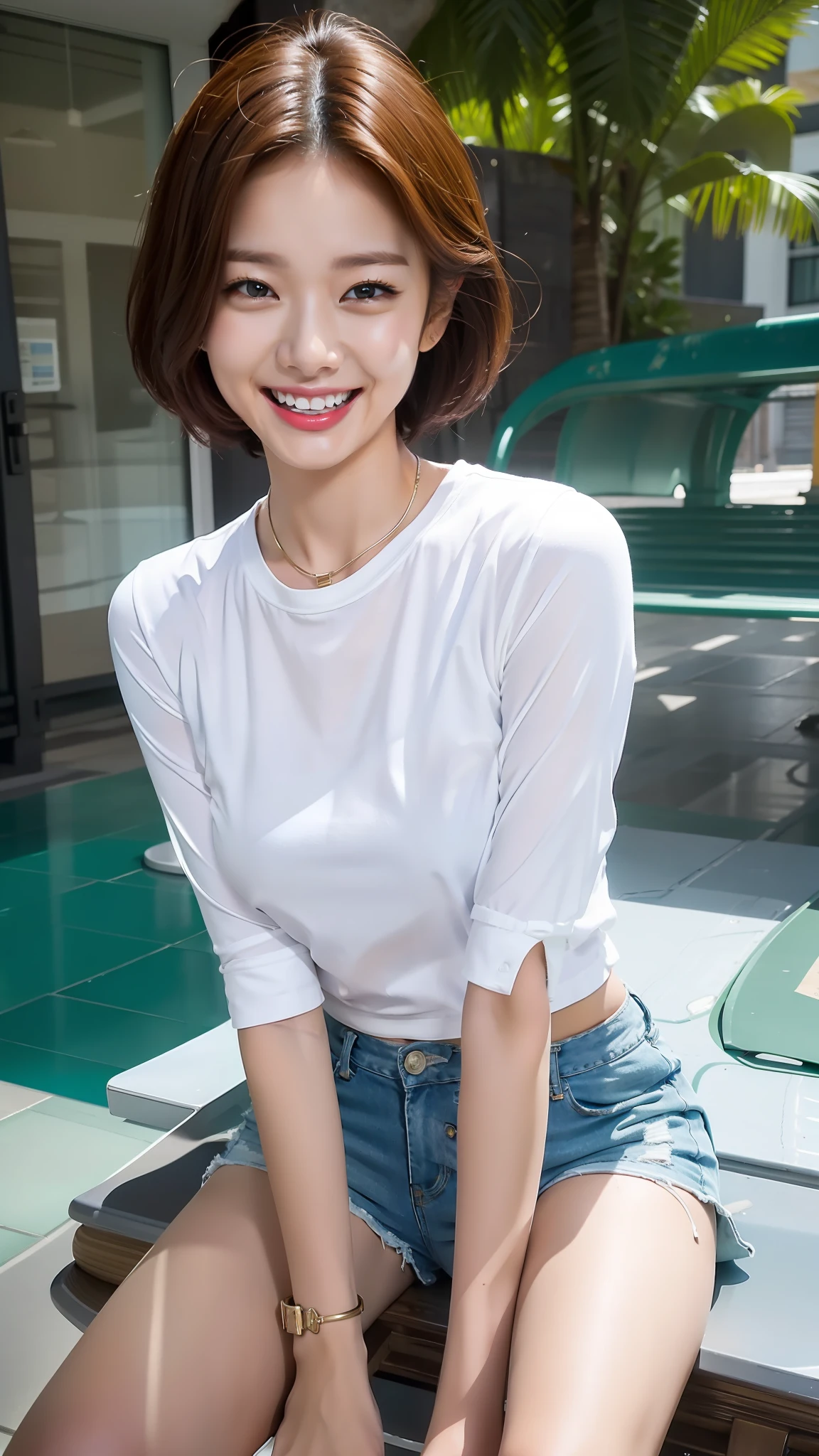 Laughing, white shirt, bench