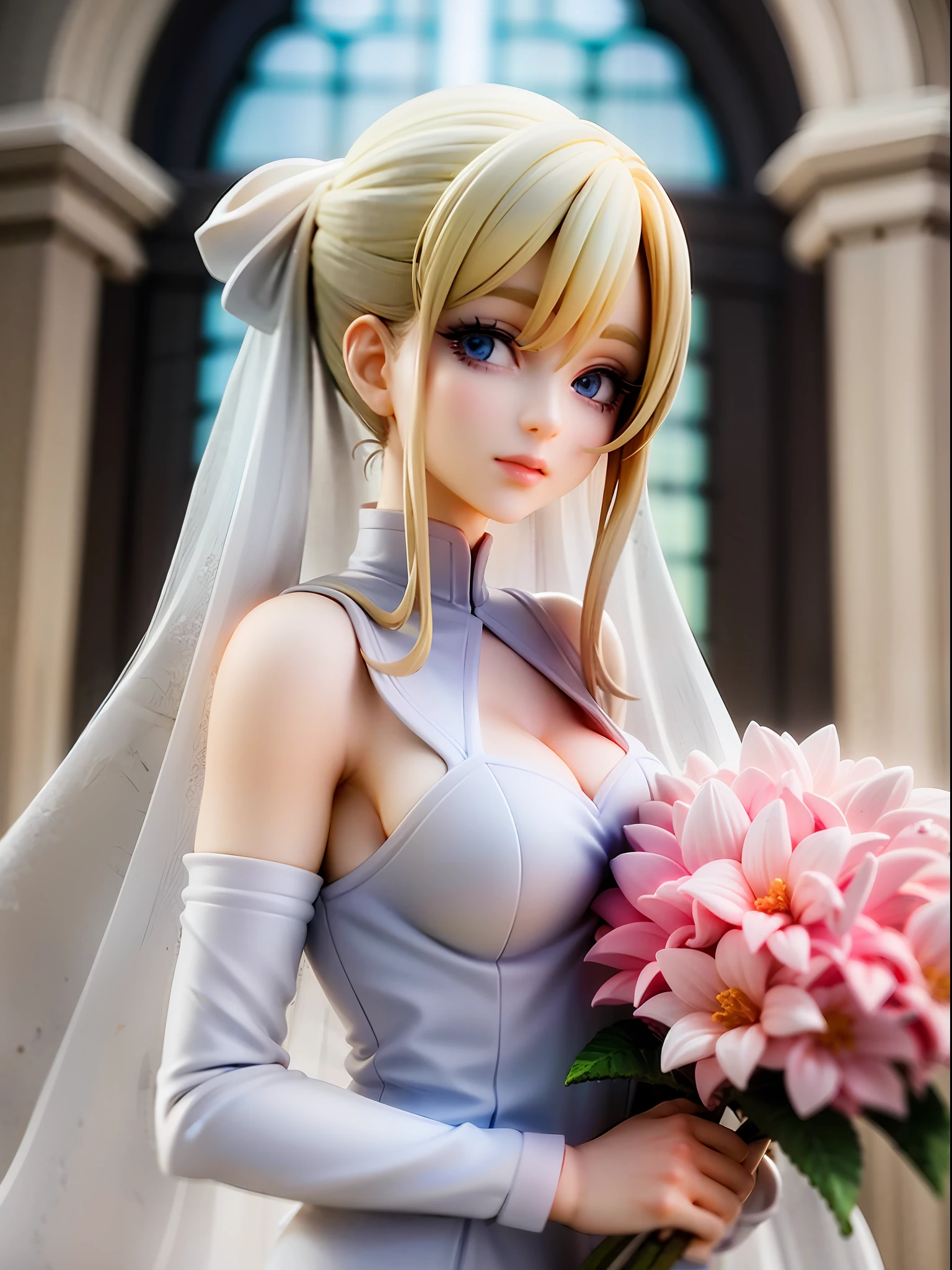 White, pale pink, bride, happy face, beautiful blue eyes, closed mouth, wedding dress, white dress with pale pink ribbons, blonde updo, holding bouquet, church background,