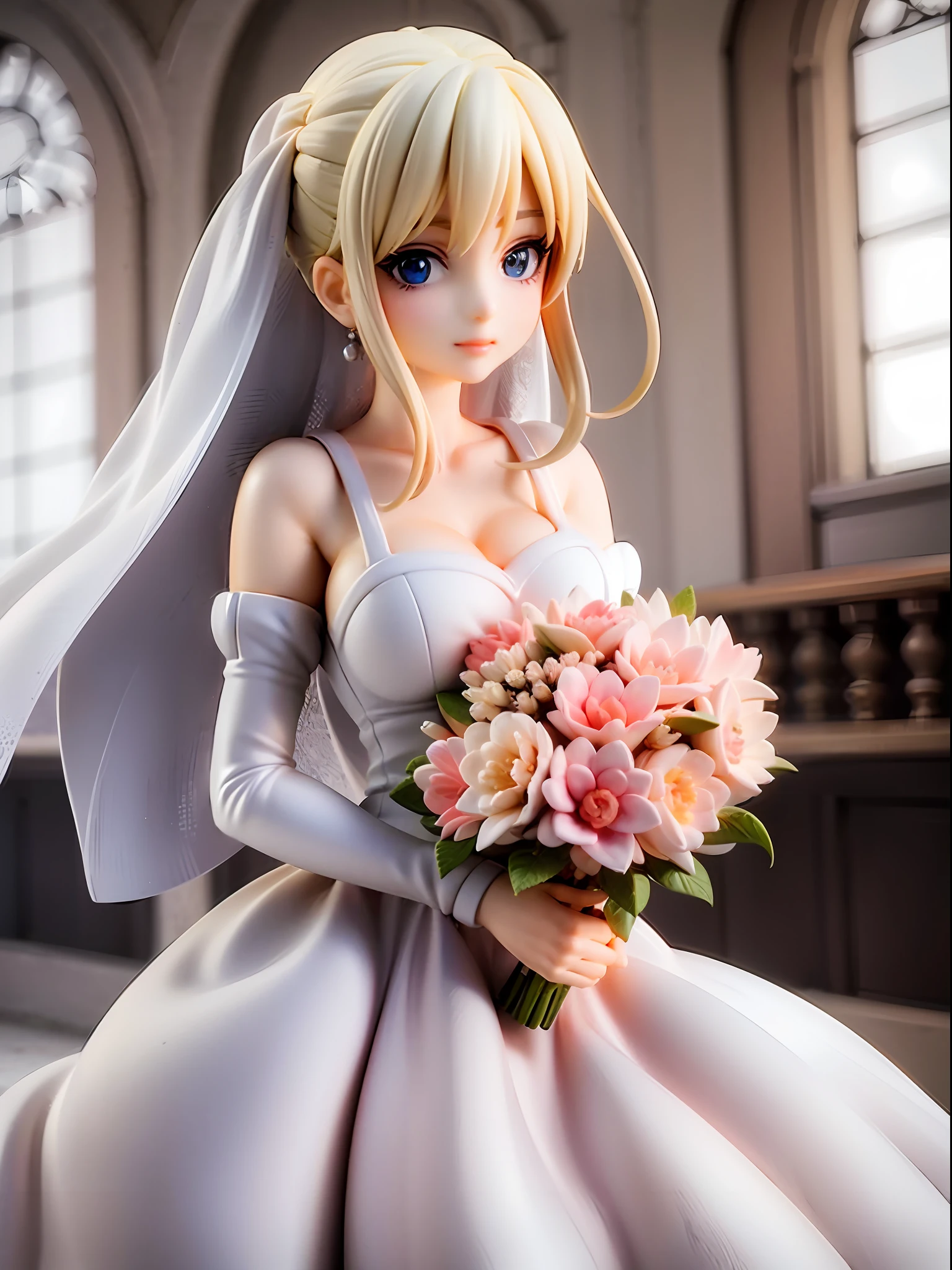 White, pale pink, bride, happy face, beautiful blue eyes, closed mouth, wedding dress, white dress with pale pink ribbons, blonde updo, holding bouquet, church background,
