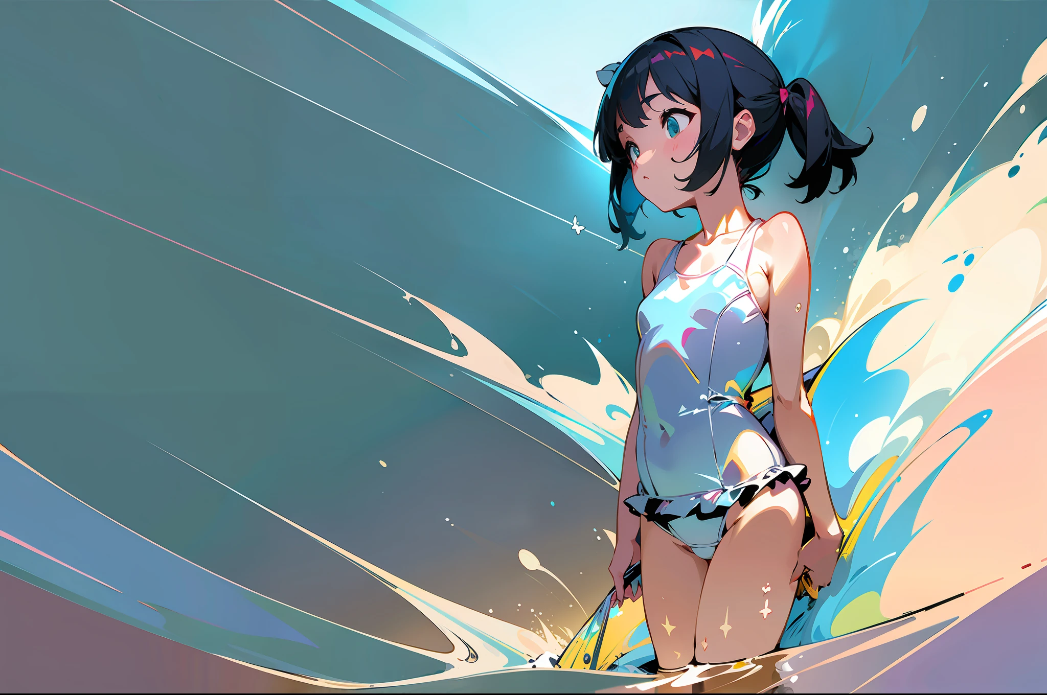 ((Best Quality)), ((Flat Color)), Thick Outline, Bright and Soft Diffuse Light, Depth of Field, LOLI, (Full Body 1.32)), (((Swimsuit))))