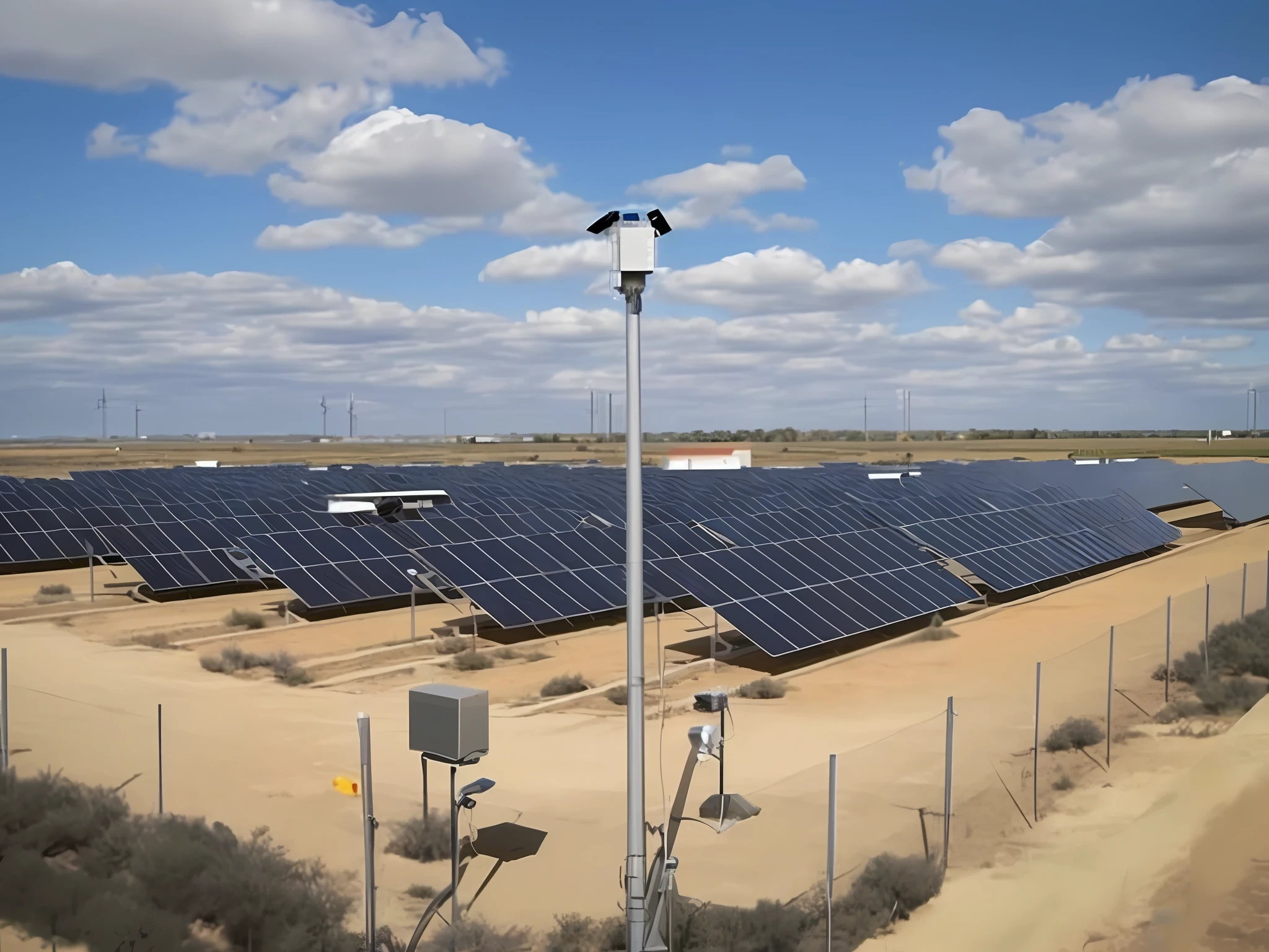 arafed solar panels in a field with a sky background, solar, the photo shows a large, solar field plains, esa, large array, solarized, solar energy, solar panels, solar-powered, by Joe Stefanelli, by Robert Childress, looking at the camera, photo taken from afar, by Joe de Mers, put engineers working on the solar panels