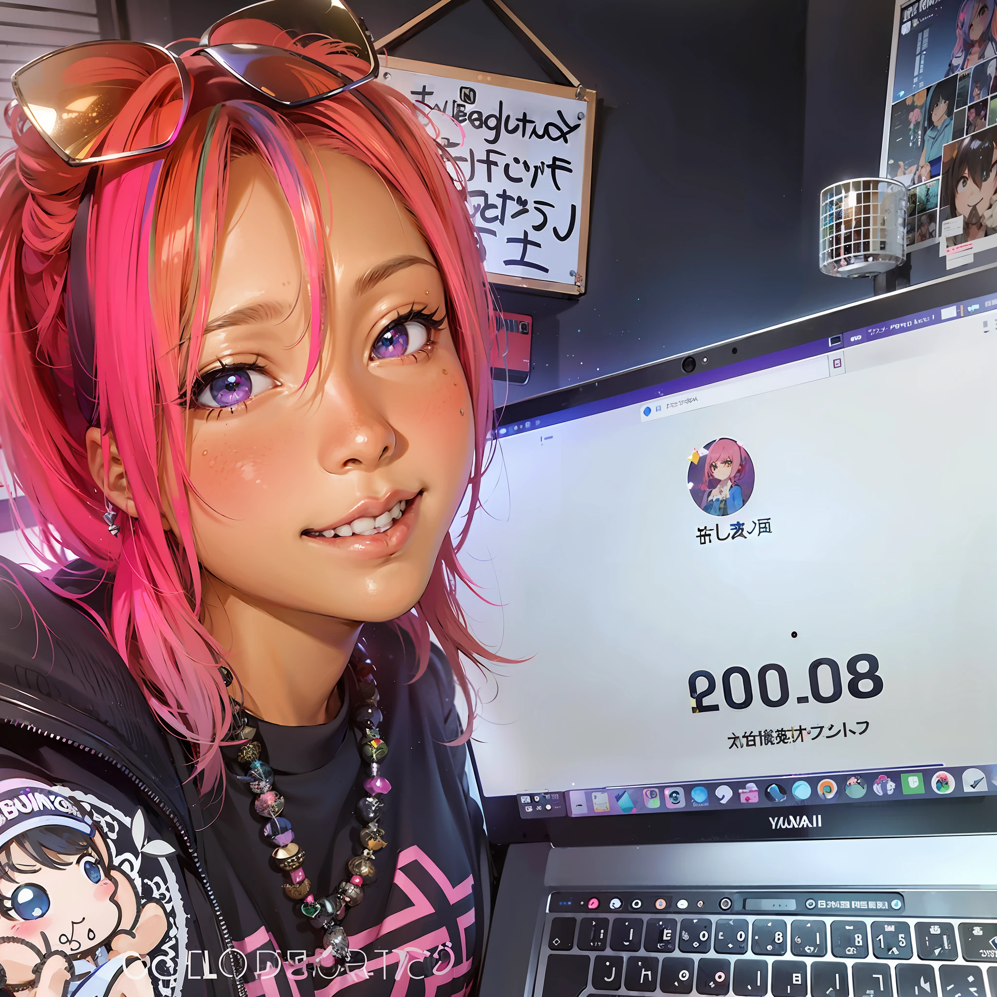 arafed woman with pink hair and a black shirt with a laptop, e-girl, e - girl, crazy hacker girl, with pink hair, live2d virtual youtuber model, in front of a computer, hints of yayoi kasuma, kawaii decora rainbowcore, kanliu666, cyber school girl, tumblr, rainbowcore