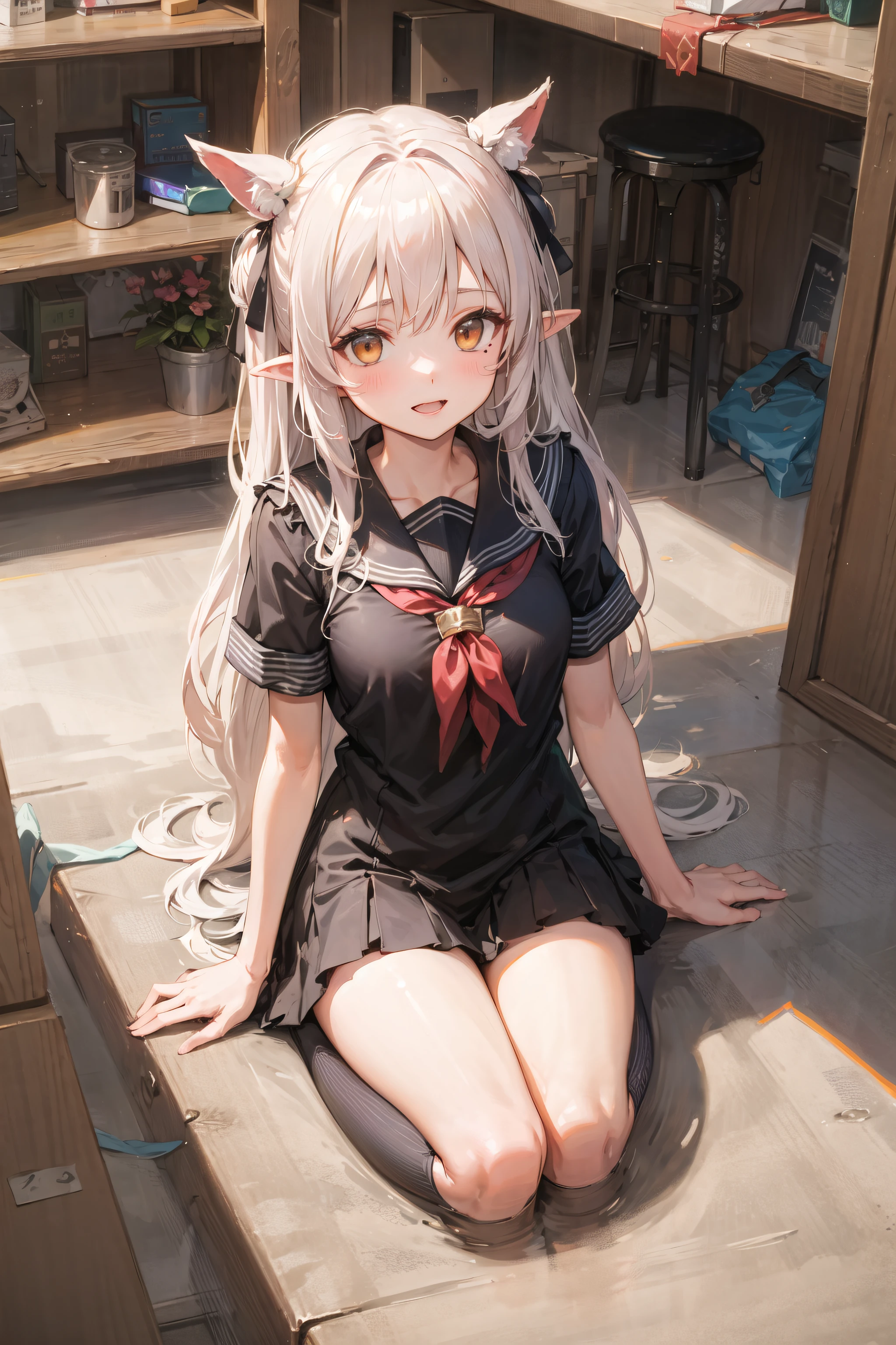 masterpiece, best quality, girl, cute face, brown eyes, mole on breast, sailor shirt, white kneehighs, uwabaki, hair ribbon, hair_bow, arm at side , long hair, platinum blonde hair, pointy ears,