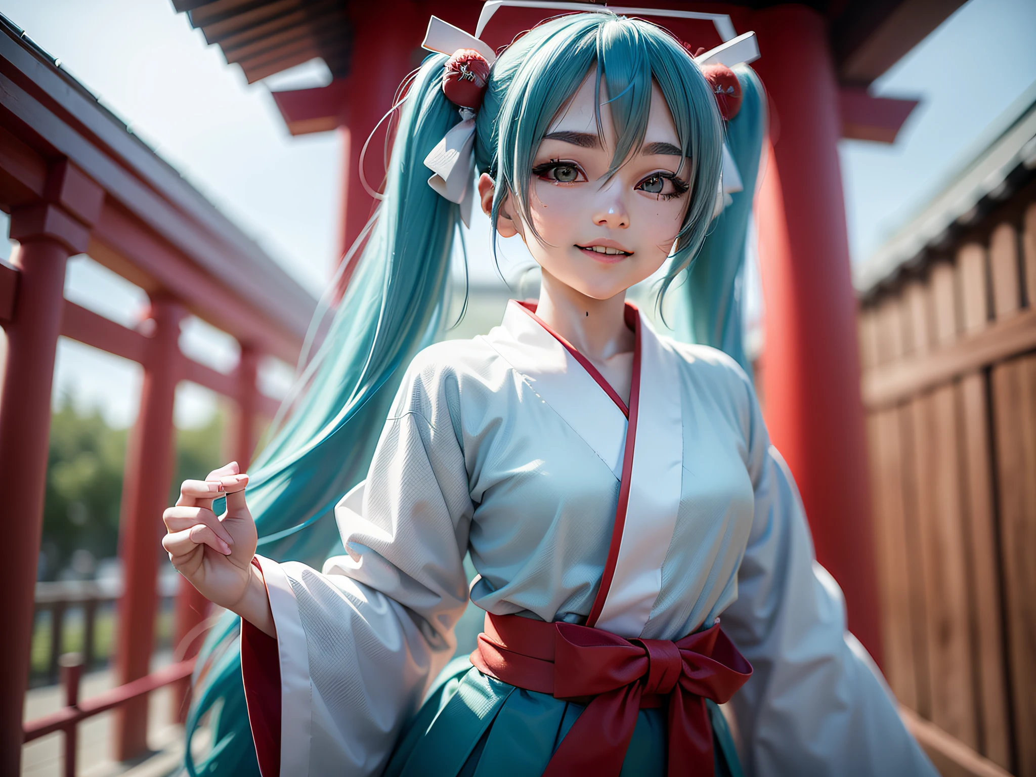 Hatsune Miku, Blue Eyebrows, Blue Hair, Twin Tails, Japan, Shrine, Torii, Miko-san, White Long Sleeves, Red Hakama Skirt, Red Ribbon, Healthy Smile, Cosplay Photography, Gravure Pose, 8K, Ultra Detail Skin, DSLR, Soft Lighting, Film Particles, (Photorealistic: 1.3),