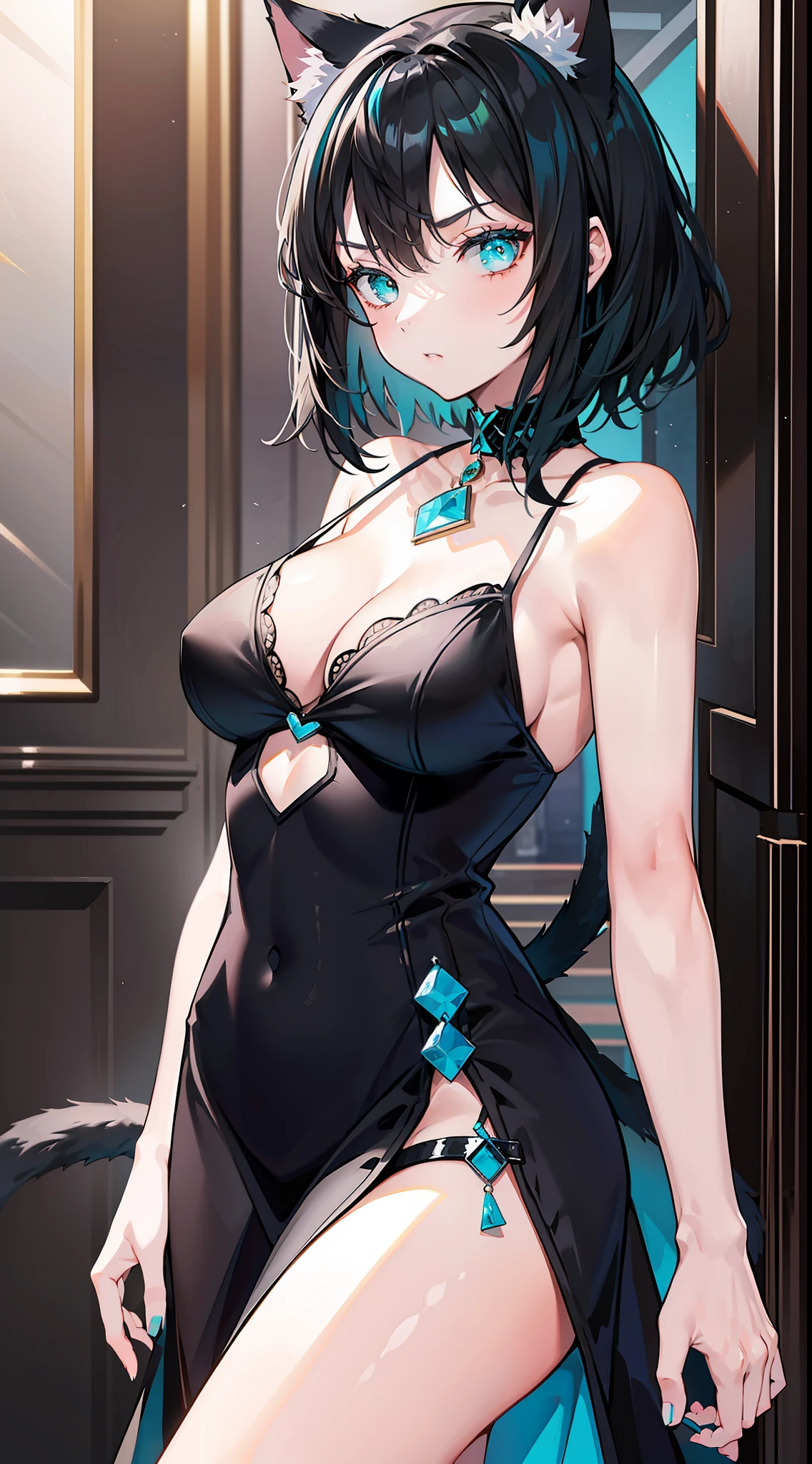 Adult girl, short black hair, turquoise eyes, cat ears and tail, black rich beautiful dress, open shoulders, serious look, masterpiece, high quality