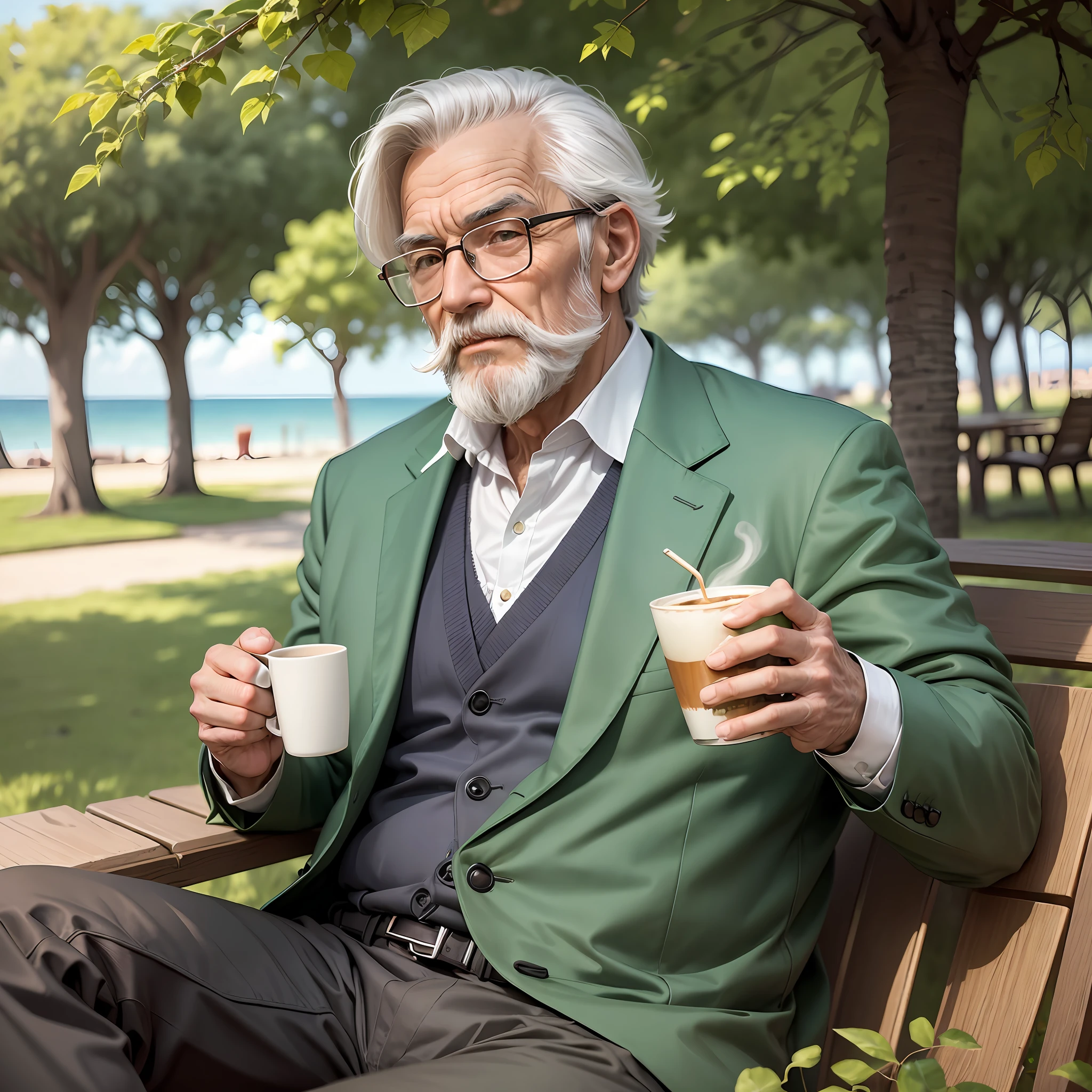 An old realist is sitting on a square bench, enjoying a cup of hot coffee. He wears green formal clothes that match perfectly with the surrounding landscape. His dark green suit is accompanied by a white shirt and a lighter green tie. The old man has gray hair, elegantly combed back, and a lightly trimmed beard that adds charm to his appearance. His expressive eyes are hidden by black-framed glasses. The elderly man holds the cup of coffee with both hands, enjoying the aroma that rises from the drink. The environment around you is a quiet square, with tall, leafy trees that provide gentle shade. In the background, one can see the calm and serene sea, with small waves gently crashing on the beach. The sun shines in the sky, gently illuminating the old man's face as he sips his coffee with serenity. --auto --s2