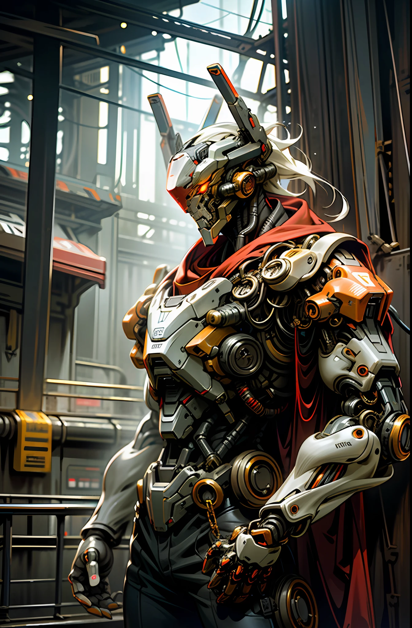 Dark_Fantasy,Cyberpunk,(chain saw,chain saw man,Red:1.1),1man,Mechanical marvel,Robotic presence,Cybernetic guardian, wearing a worn-out mech suit, intricate, (steel metal [rusty]), elegant, clear focus, shot by greg rutkowski, soft lighting, vibrant colors, masterpiece, ((street)), cowboy shot, dynamic pose,