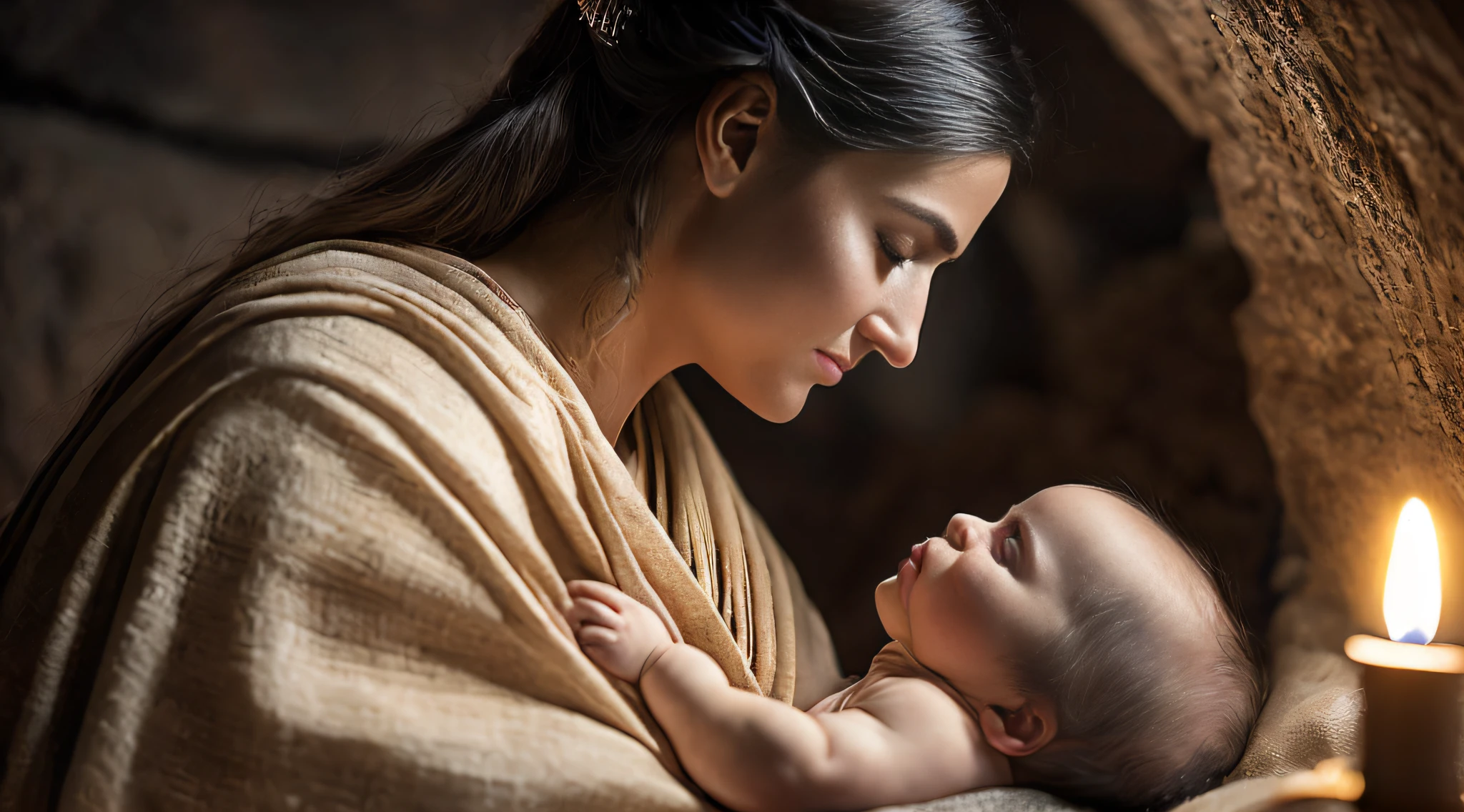 Ancient Israel, Biblical Times, 1st Century Birth of Jesus Christ, Mary Holding Baby, Dirty Stable, Midnight, 8k, RAW Photography, Top Quality, Masterpiece: 1.5, ULRA High Resolution, Photorealistic: 1.5, Cinematic Light, Soft Volumetric Lighting: 1.5, Realistic, Photorealistic: 1, Detailed Skin, Professional Lighting, Photography, Sharp Focus, detail, professional lighting, photon mapping, detailed and complex environment, highly detailed, highest quality, artistic photography, photorealistic concept art, soft natural volumemetric cinematic perfect light, mid-journey, detailed hands,