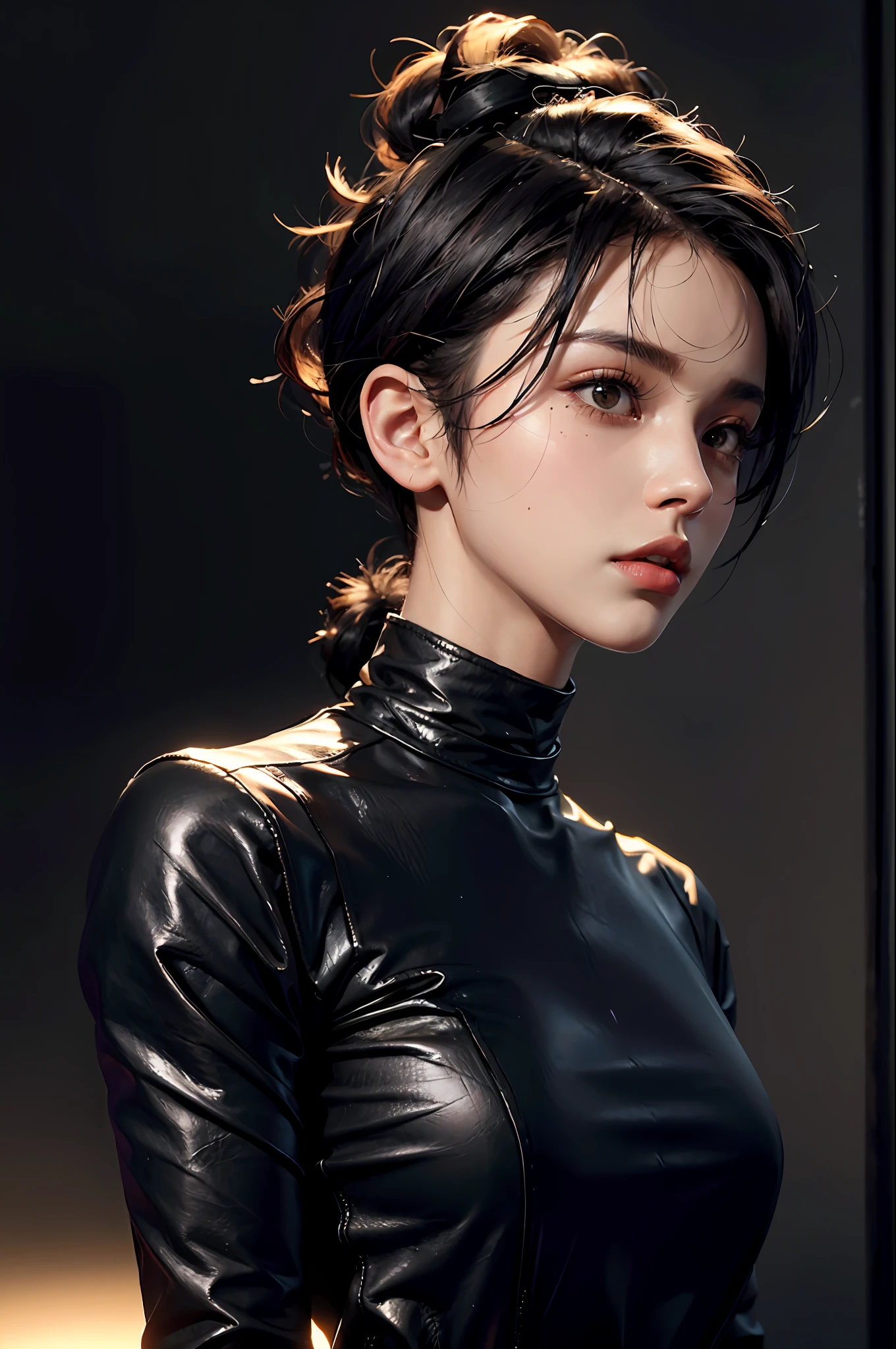 a 30 yo woman,(hi-top fade:1.3),long hair,dark theme, soothing tones, muted colors, high contrast, (natural skin texture, hyperrealism, soft light, sharp),