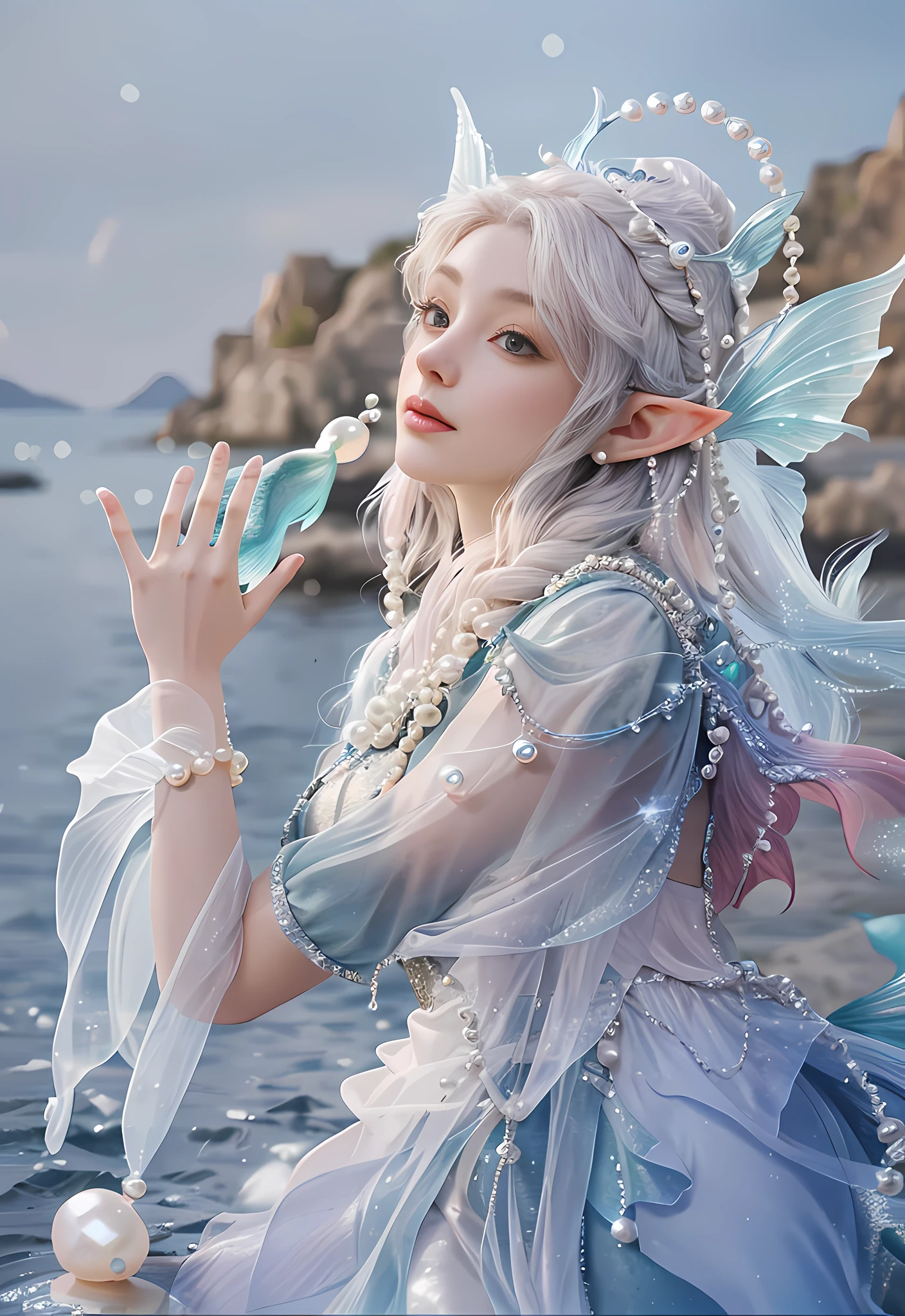 Sense of fate, best quality, lighting, mermaids, sea, stone pillars, elves, pearls in hand, plump wings