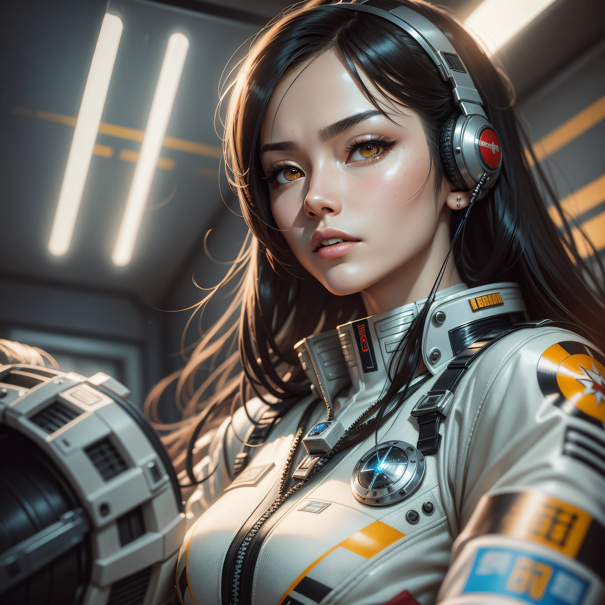 John Berkey style painting of The most beautiful Asian female model dressed in robotech pilot flight suite, science fiction gear, Chinese actress Li Li facial features, Ryan Church style, women’s fashion, concept art, portrait photography, low key photography, Wojciech Gerson, Jacek Malczewski style, chiaroscuro, crazy rich female couture model, detailed face, skin pores, women's fashion poetry, award winning, highly detailed, ultra bright, Award - winning, Highly Detailed, Ultra Bright, Canon, 28mm, f/ 7, High Intensity Lighting, Hyper Realistic, Volumetric light, Trending on Artstation, behance