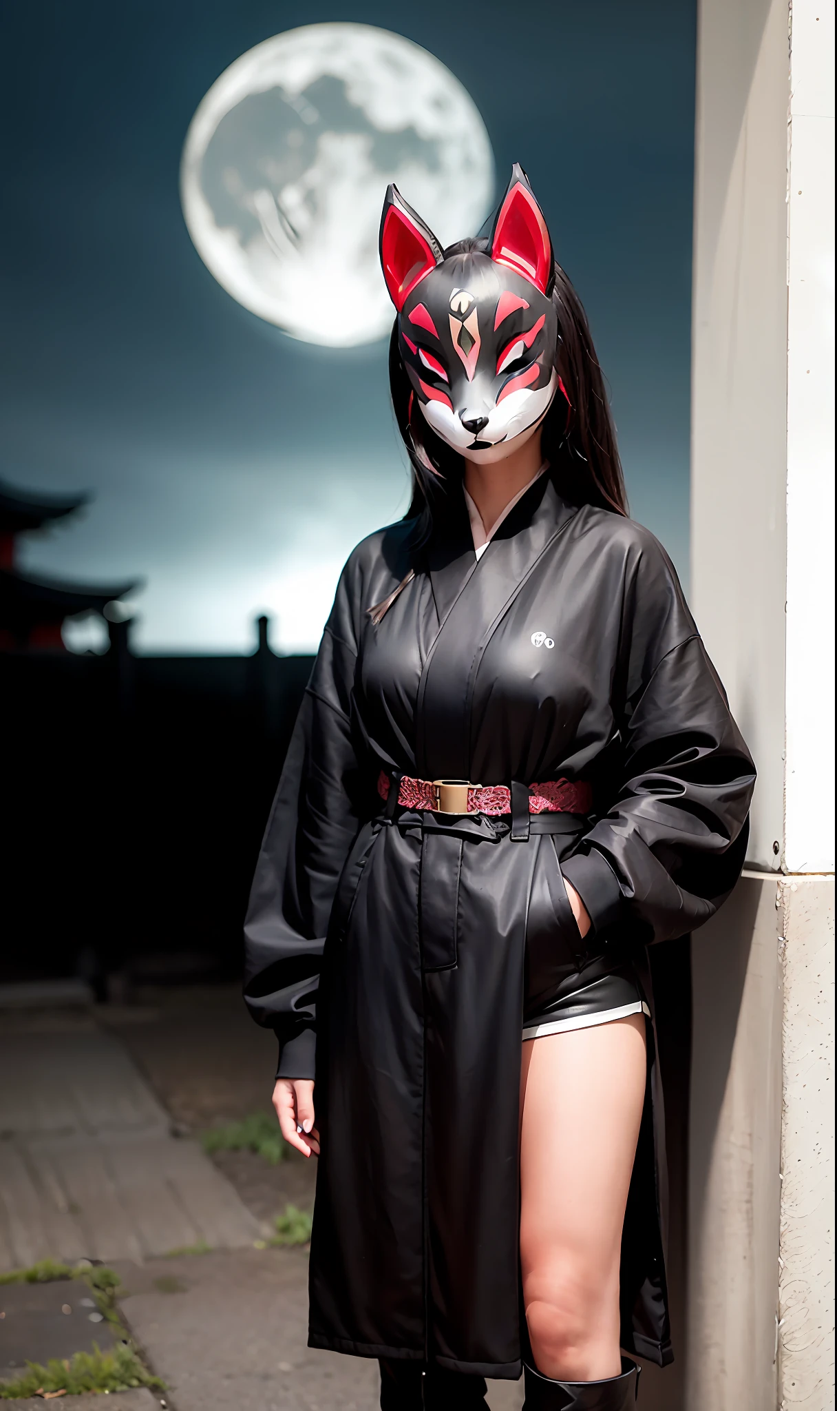 Night, Samurai, Knee High Boots, Fox Mask Person with fox mask on face, woman, jet black, long coat, shorts, red full moon, moonlit night, Japan castle