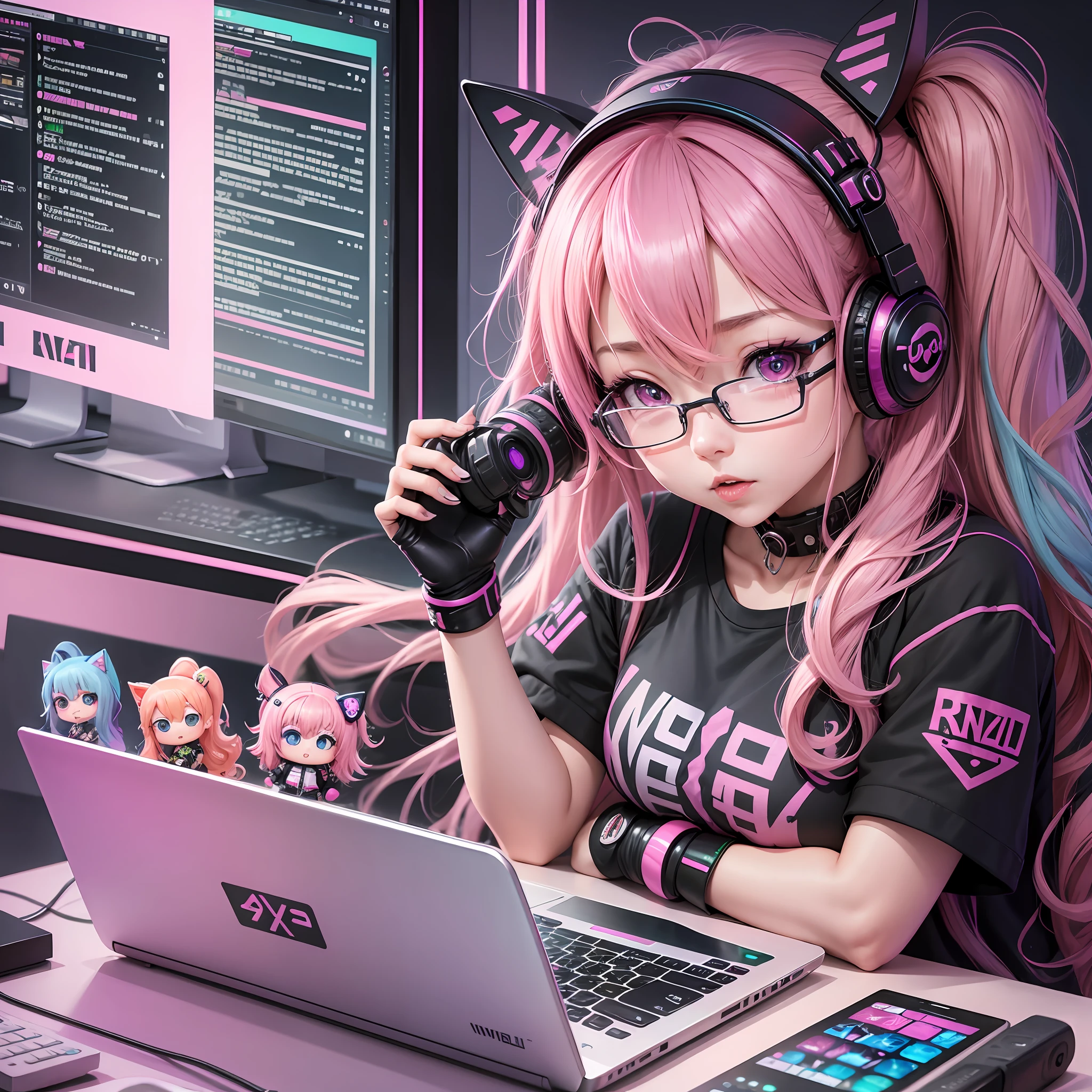 arafed woman with pink hair and a black shirt with a laptop, e - girl, e-girl, crazy hacker girl, live2d virtual youtuber model, with pink hair, in front of a computer, hints of yayoi kasuma, kawaii decora rainbowcore, cyber school girl, kanliu666, tumblr, rainbowcore --auto --s2