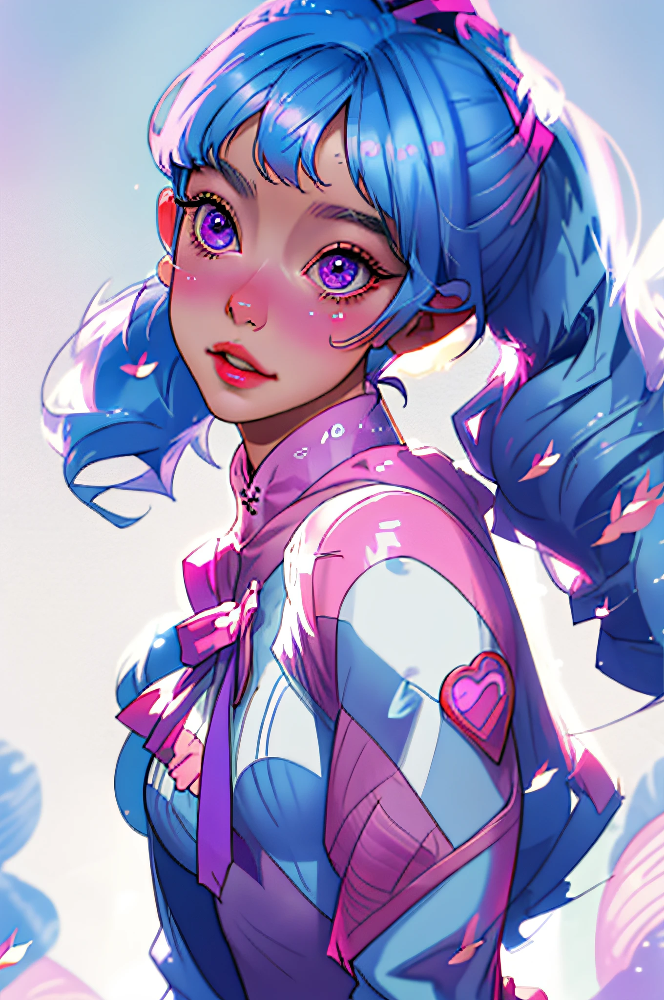 masterpiece, best quality, ultra-detailed, absurdres, colorful, 1girl, solo, (pink eyes:1.0), (blue hair, gradient hair, blunt bangs, twintails:1.0), detailed eyes, wide-eyed, eyelashes, hairband, (smile:0.8), medium breast, particles, (side view:0.5), upper body, outdoors, horizon, pink theme, blue hoodie, short skirt, rainbow, long sleeves, pastel, kawaii, heart, (gradient background:0.8), sun, blush stickers, head tilt, petals