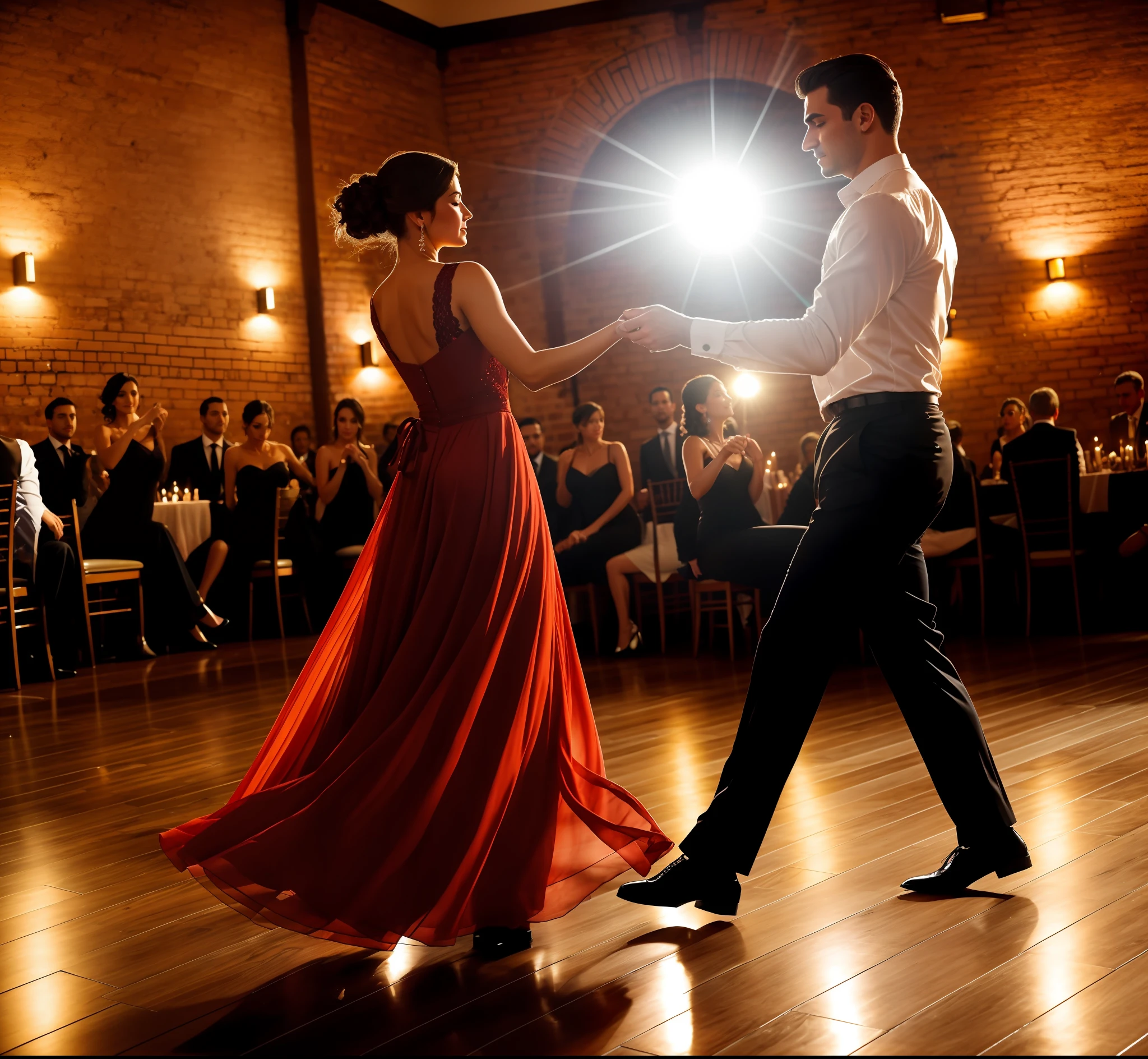 Woman with Argentine features, beautiful Argentine tango dance scene, The dance hall is elegantly decorated, with exposed brick walls and soft lighting, creating a romantic and intimate atmosphere. The polished wooden floor reflects the light of the candles that are scattered throughout the environment, creating a soft and inviting glow, the couples of dancers are elegantly dressed, the men wearing well-cut suits and the women in flowing dresses that move gracefully with each step, the spectators watch in awe, cheering and sighing at each graceful step, the woman wearing a beautiful and long red dress