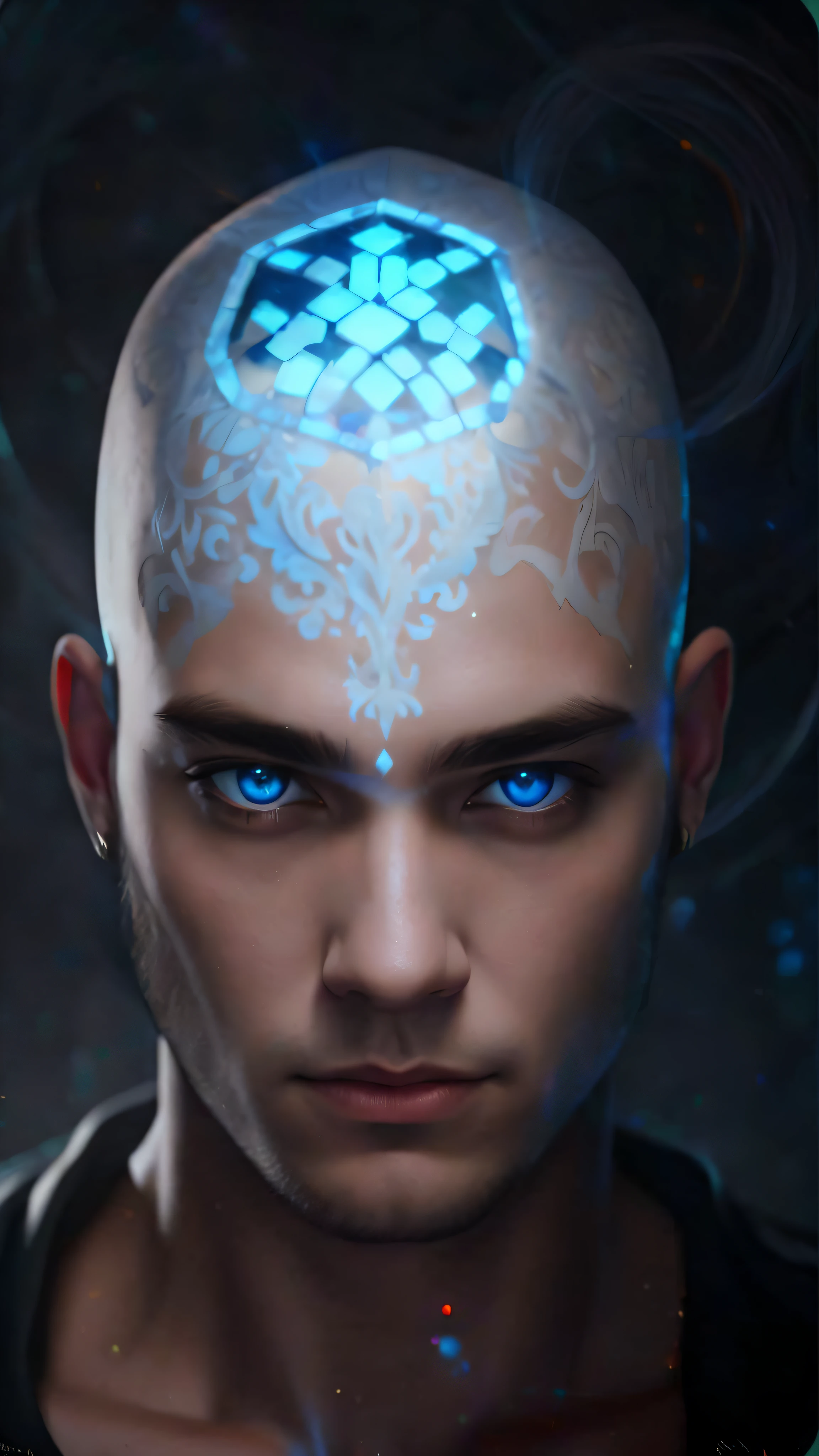 a close up of a person with a glowing head and a blue light, fantasy male portrait, fantasy concept art portrait, digital fantasy portrait, detailed glowing head, cgsociety portrait, digital fantasy character, detailed matte fantasy portrait, unreal 5. rpg portrait, portrait of a cyberpunk man, fantasy art portrait, 2 d concept art head macro shot, hyperdetailed fantasy character --auto --s2
