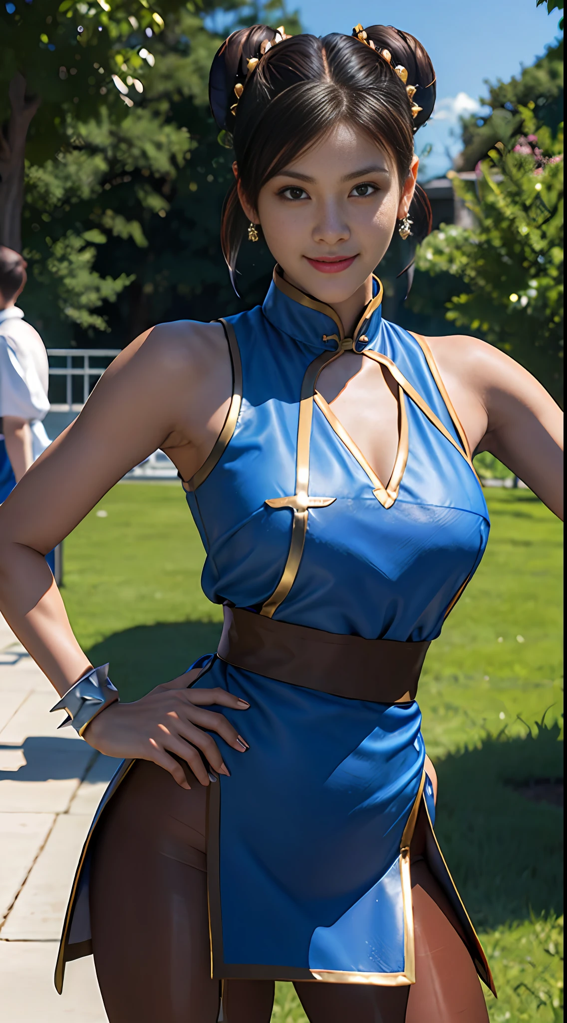 masterpiece, best quality, chun li, brown eyes, short hair, brown hair, double bun, bun cover, blue dress, pelvic curtain, spiked bracelet, sash, brown pantyhose, outdoor, hand on hip, looking at viewer, cowboy shot, dress lift, smile