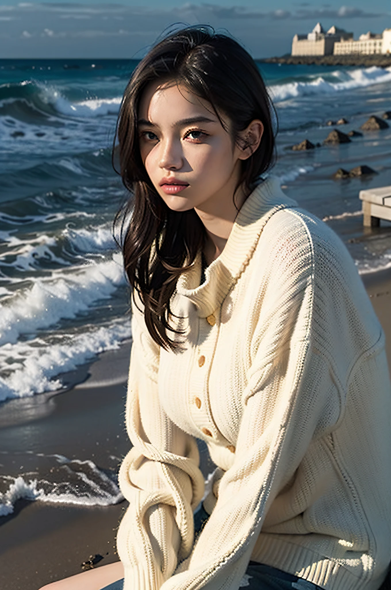 (front focus), (masterpiece, top quality, best, official art, beauty and aesthetics: 1.2), 1 girl, sad, sitting by the sea, beach, night, looking at the sky without concentration, (bust photo: 1.5), original photo, contemporary aesthetic, hard light, backlight, original photo, sharp focus, photorealistic realism, cinematic lighting, volumetric lighting,