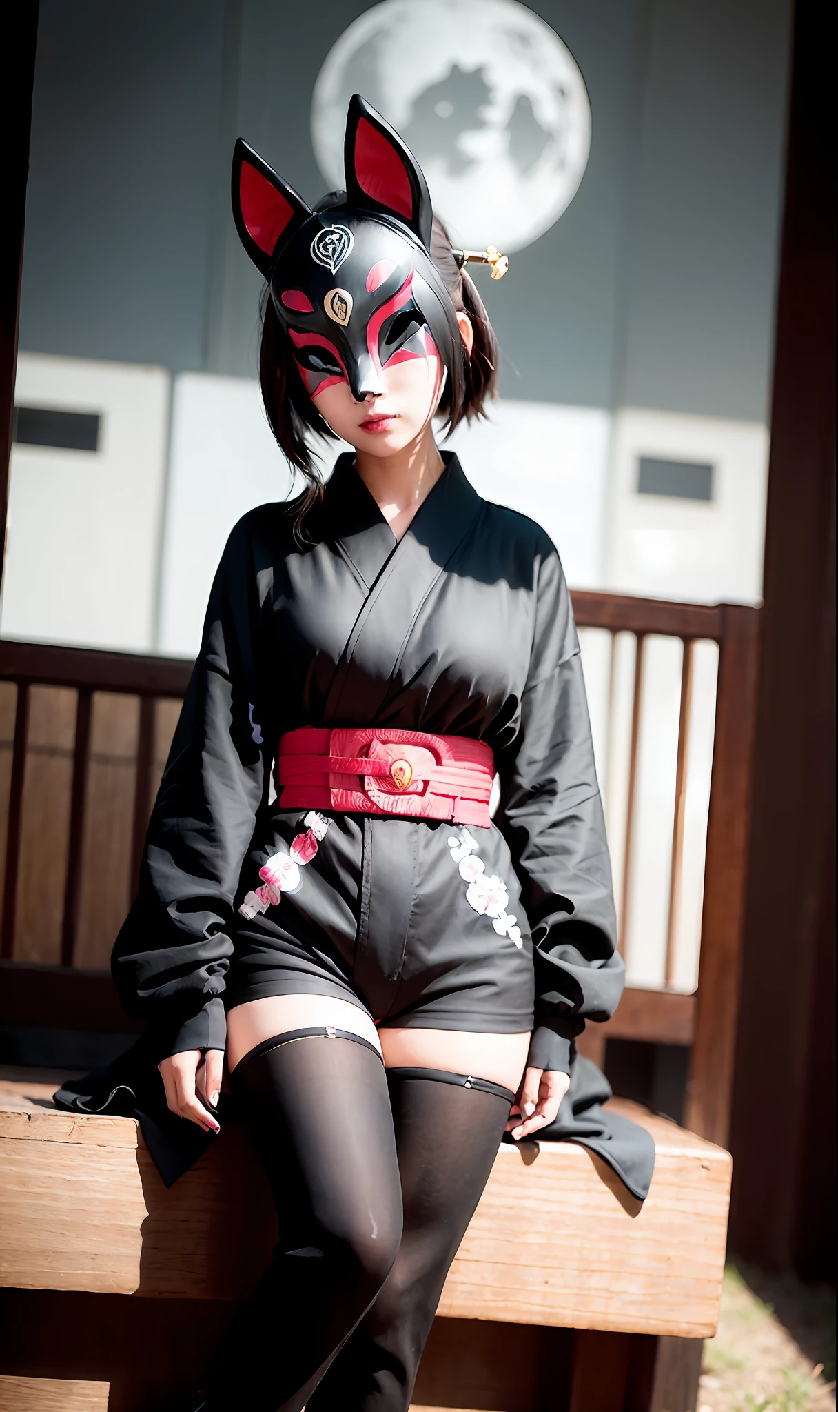 Night, Samurai, Knee High Boots, Fox Mask Person with fox mask on face, woman, jet black, long coat, shorts, red full moon, moonlit night, Japan castle, sit