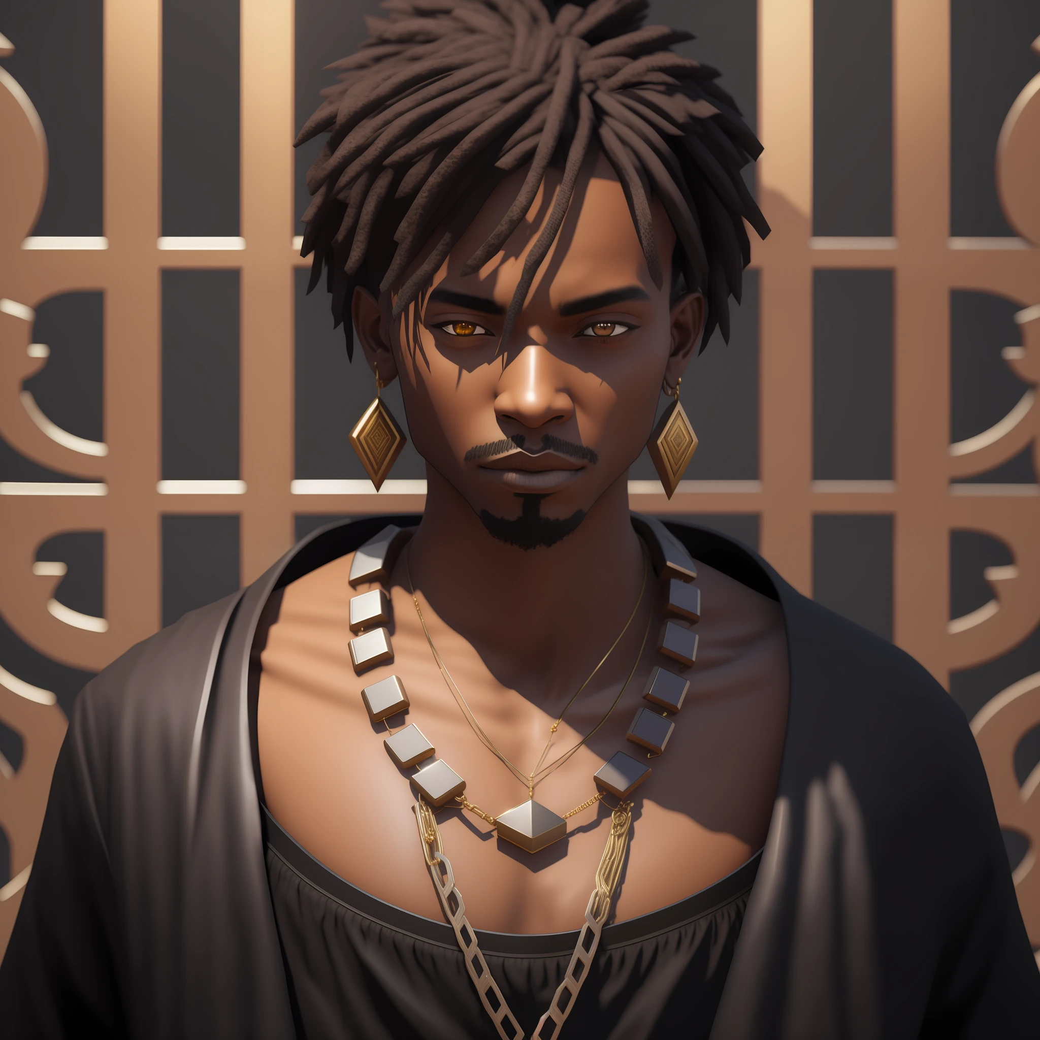 there is a man with dreadlocks and a necklace, yasuke 5 0 0 px models, portrait 8k render, highly detailed character, cinematic full character, 3 d render character art 8 k, male anime character, in the game render, maxwell render, artstation mans aesthetics, male character, detailed cinematic rendering, hyperdetailed fantasy character, detailed character portrait,ALL GOLD, ABSURD WEALTH
