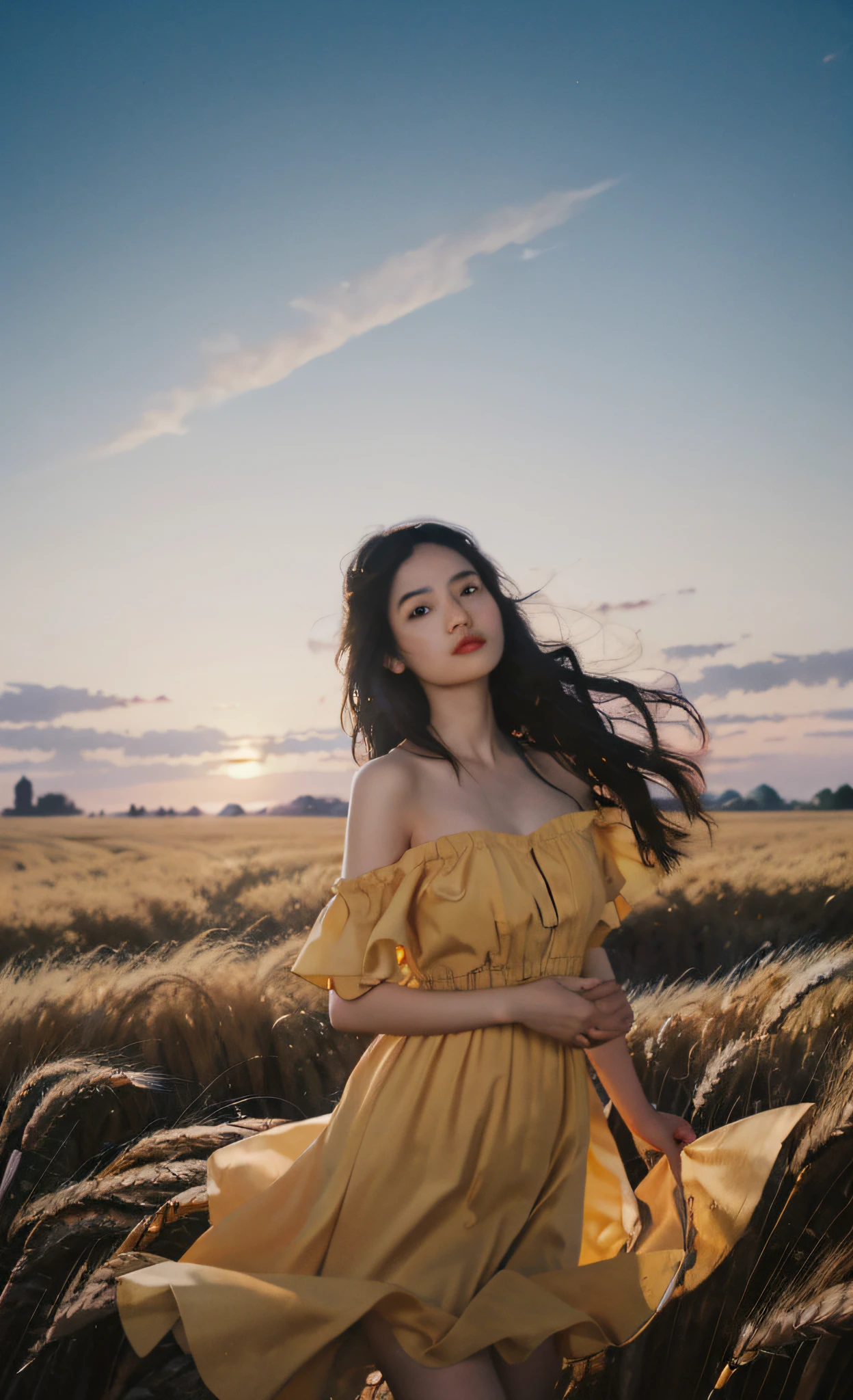 Young 1 girl, fluffy black straight long hair and melancholy eyes, wearing an off-the-shoulder sun dress, swirling and dancing in a vast wheat field, hazy, with a round of golden sunset in the background, a large red windmill in the wheat field, sky clouds color layering, faint clouds, the figure accounts for one-fifth of the picture, the whole body of the character is bathed in the glow of the setting sun, the tone is pale golden yellow, the depth of field is rich, the wind blows the wheat field like a wave, capture the image as if it were shot on old-fashioned 35mm film to add charm, Look into the distance.