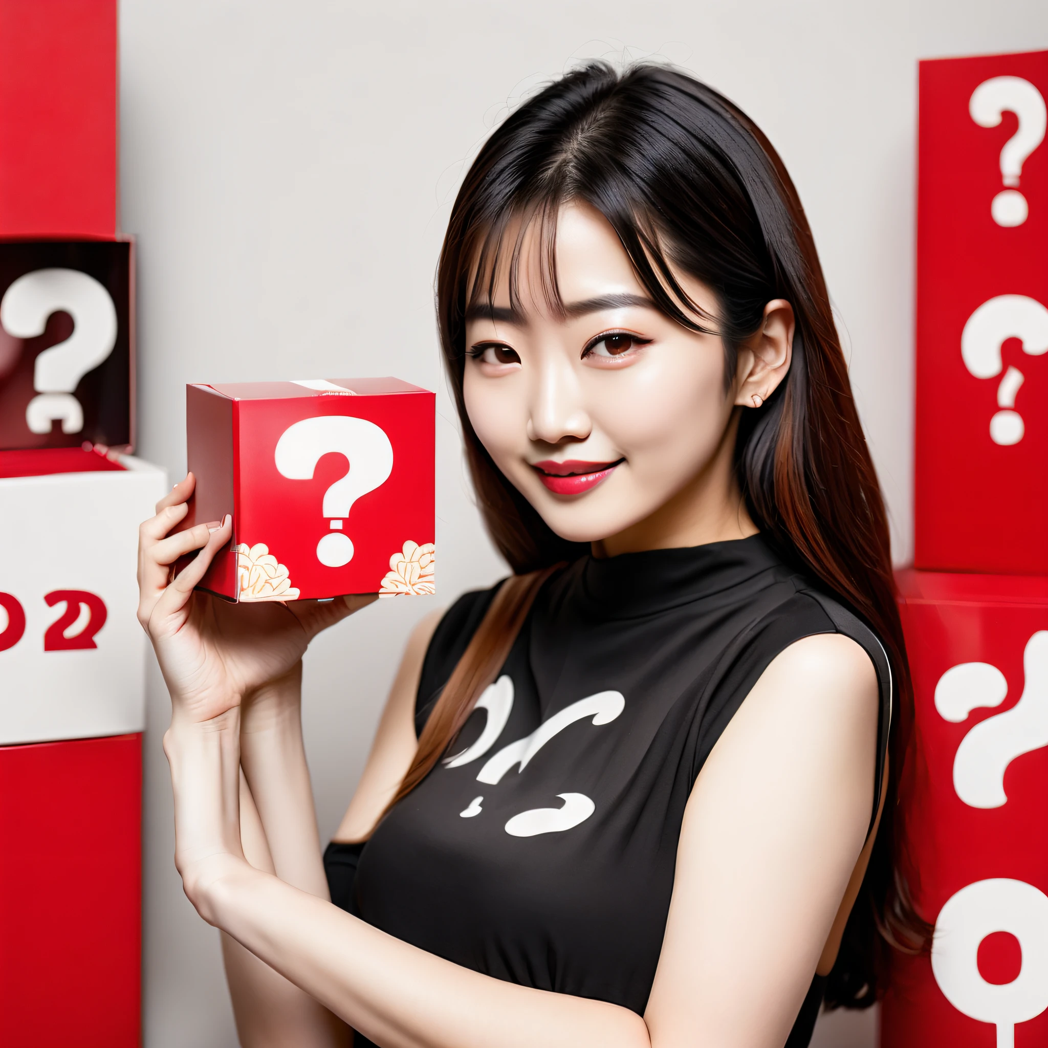 Asian beauty, beauty, thin waist, half body display, cute, big eyes, smile, holding blind box in hands, holding blind box in both hands, blind box box, blind box box, blind box is red, blind box printed with question mark, question mark is black, blind box box small size, blind box box style cartoon, rendering , luckbox