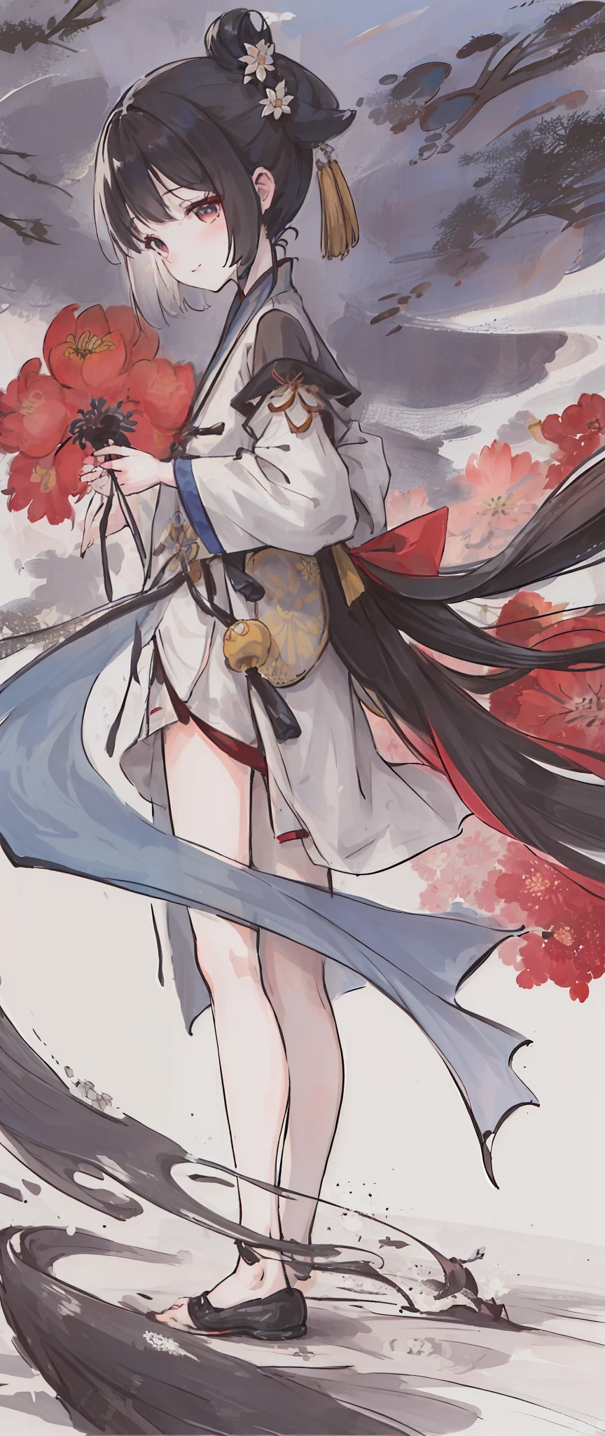 ((4k,masterpiece,best quality)), shuimobysim, traditional chinese ink painting, lotus, hanfu, maxiskit, dress conservatively 1girl, solo, long blue hair, smile, standing, feet in the water, barefoot,