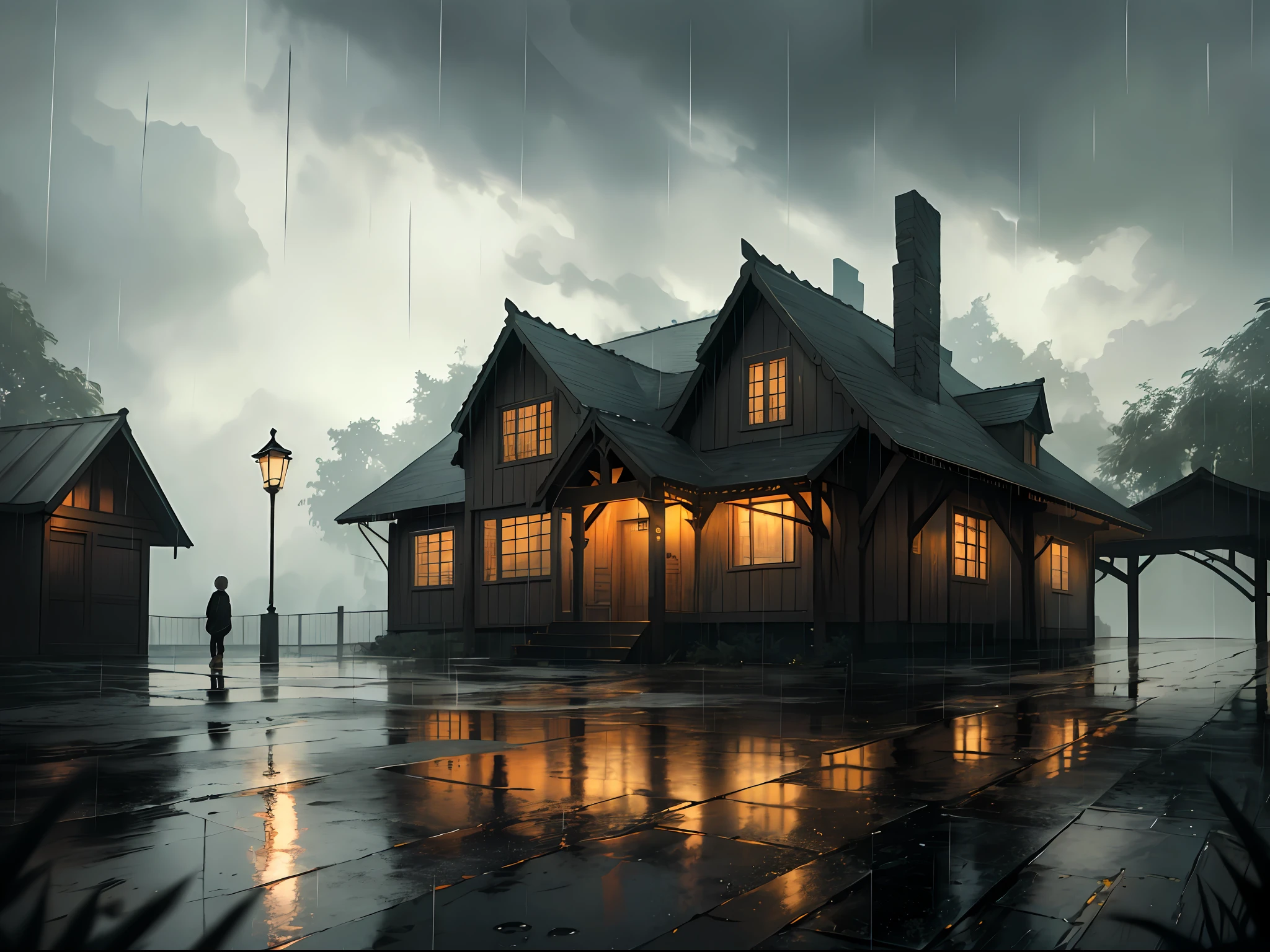 Cinematic texture, masterpiece, exquisite, 8k resolution, ultra-detailed, high quality, dark night, solo, a boy, , sad, wooden house, rain, raindrops are large, lonely, clear back