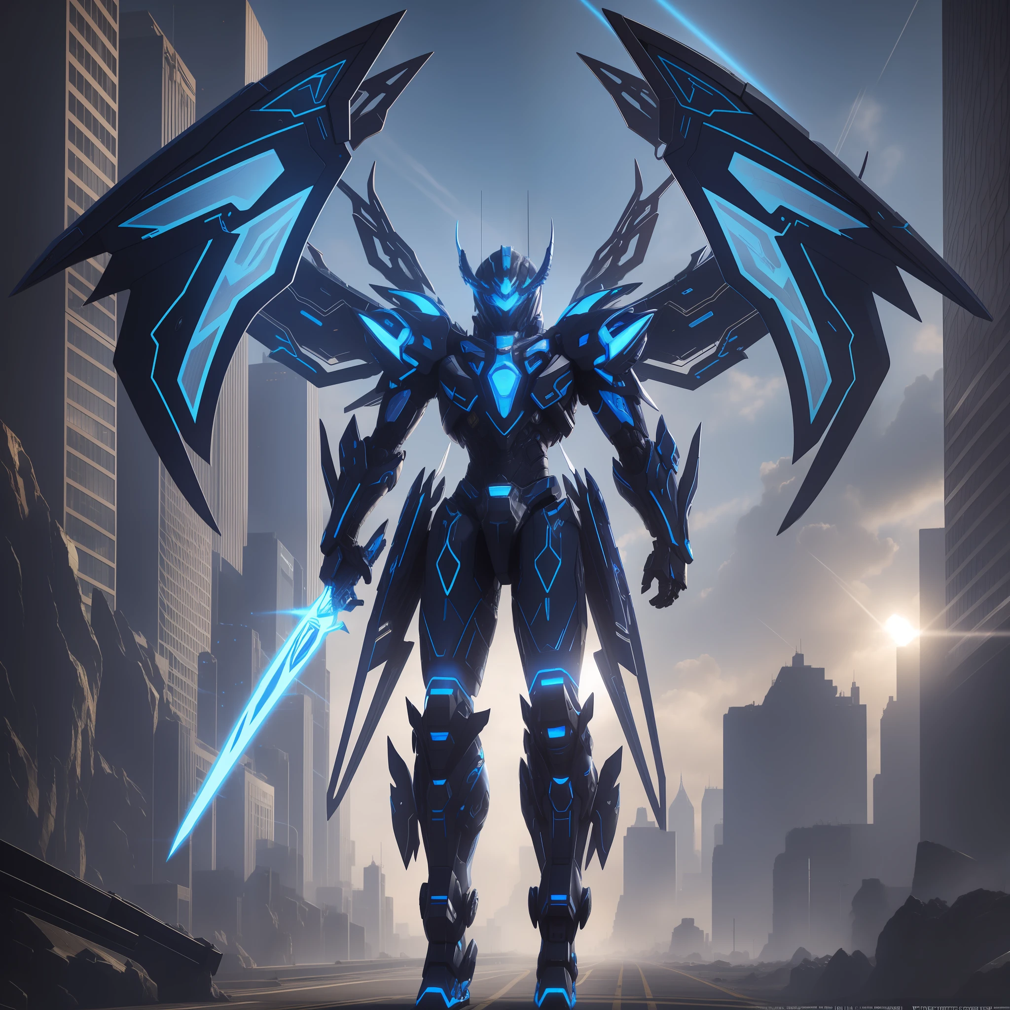 Full body, high maneuverability six-winged angel blue mech, blue eyes, dragon horn, Verism, chiaroscuro, cinematic lighting, backlight, scan line, speed line, UHD, best quality, cyberpunk style blue mech, realism, realism, Unreal engine