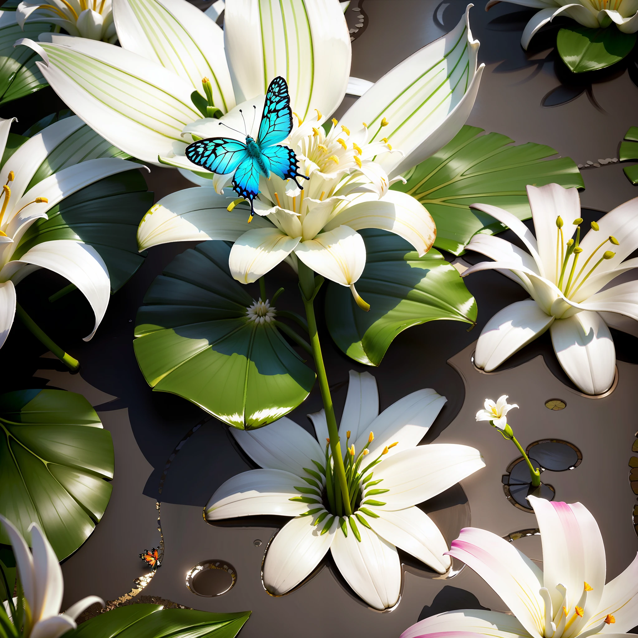 bright butterfly sitting on a white lily flower, detailed, around a drop, statue, in 3D