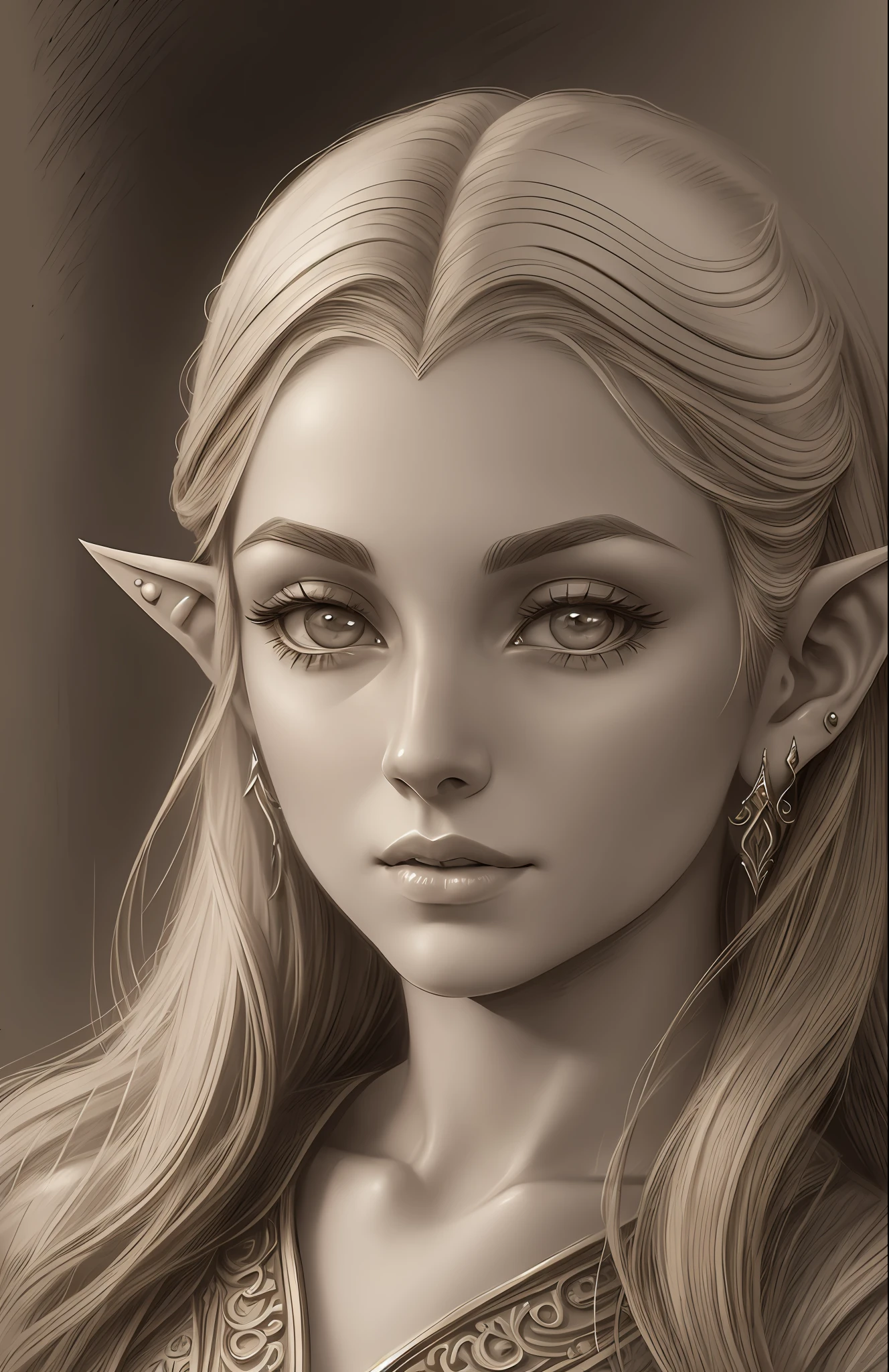Sepia tone  drawing of a Elven woman with pointed ears, in the style of photorealistic scenes, charming elven characters, pointed ears, celebrity-portraits, graphite photorealistic fine art, 32k uhd,, delicate shading --auto --s2