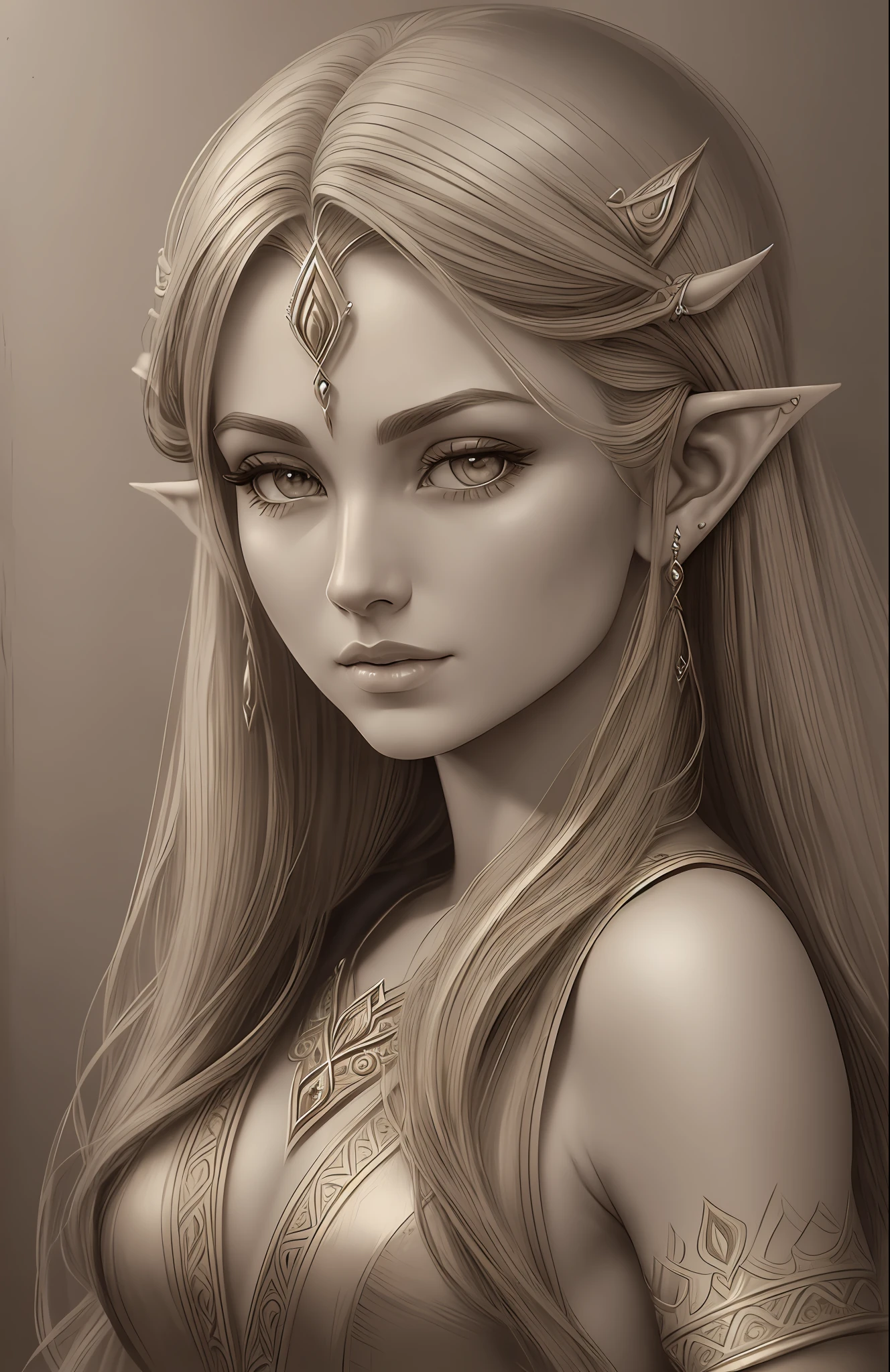 Sepia tone drawing of a Elven woman with pointed ears, in the style of photorealistic scenes, charming elven characters, pointed ears, celebrity-portraits, graphite photorealistic fine art, 32k uhd,, delicate shading --auto --s2