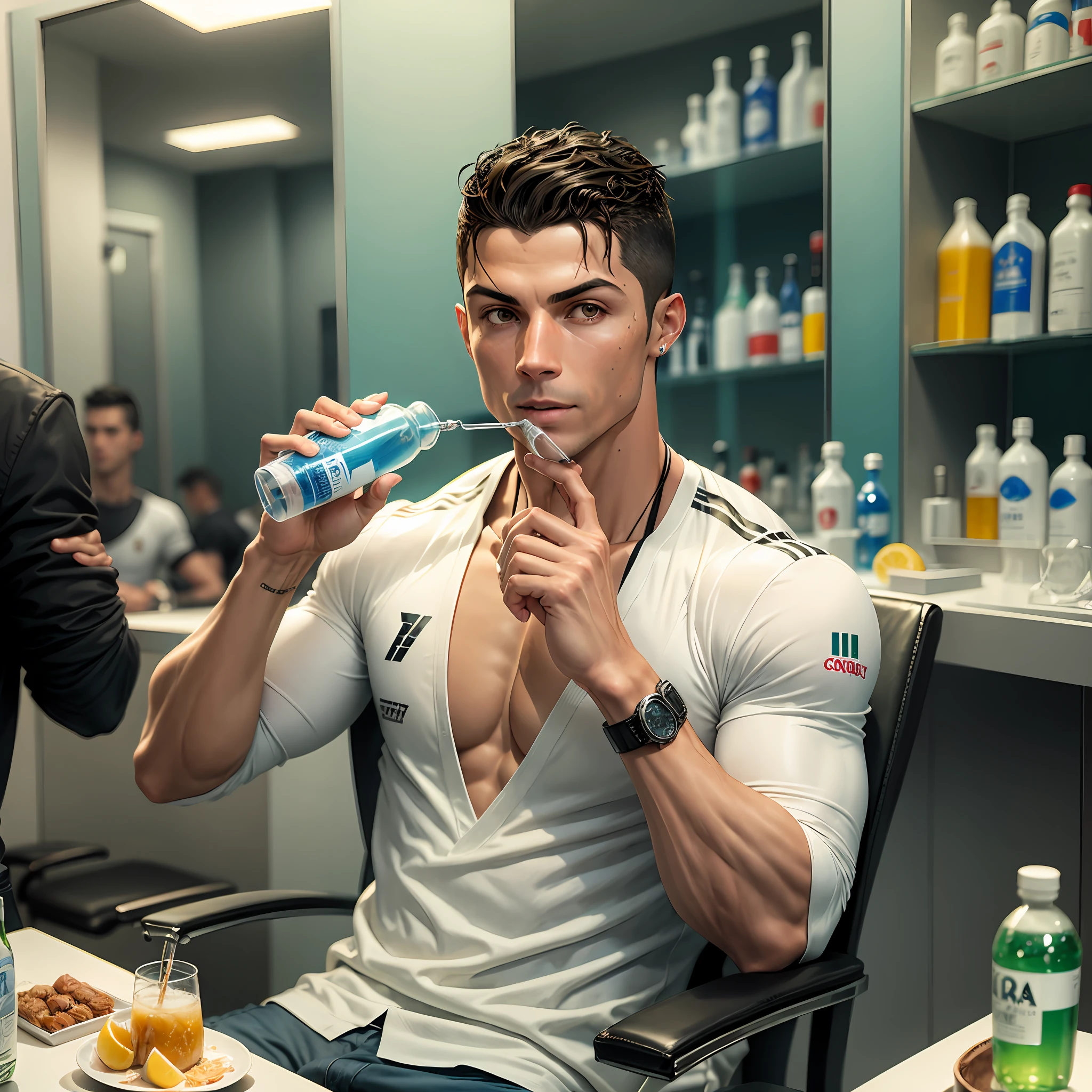 Cristiano Ronaldo drinking a bottle of corote in the barbershop --auto --s2