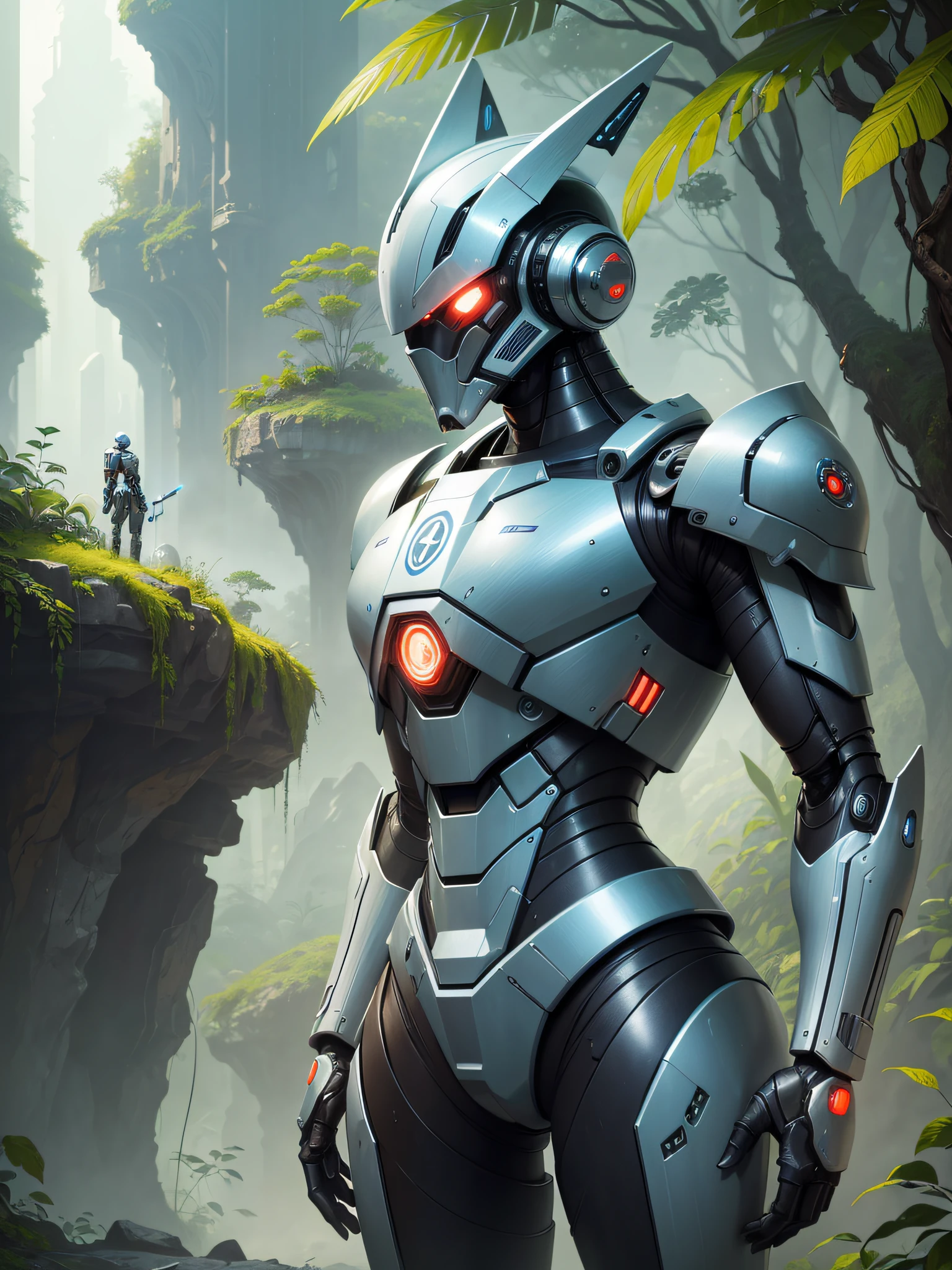 An incredibly detailed depiction of a futuristic humanoid robot, inspired by the Star Wars universe. Its aerodynamic and modern features are accentuated by advanced technological elements and an imposing construction. While he stands out in the midst of the lush jungle, his presence intrigues and delights --auto --s2