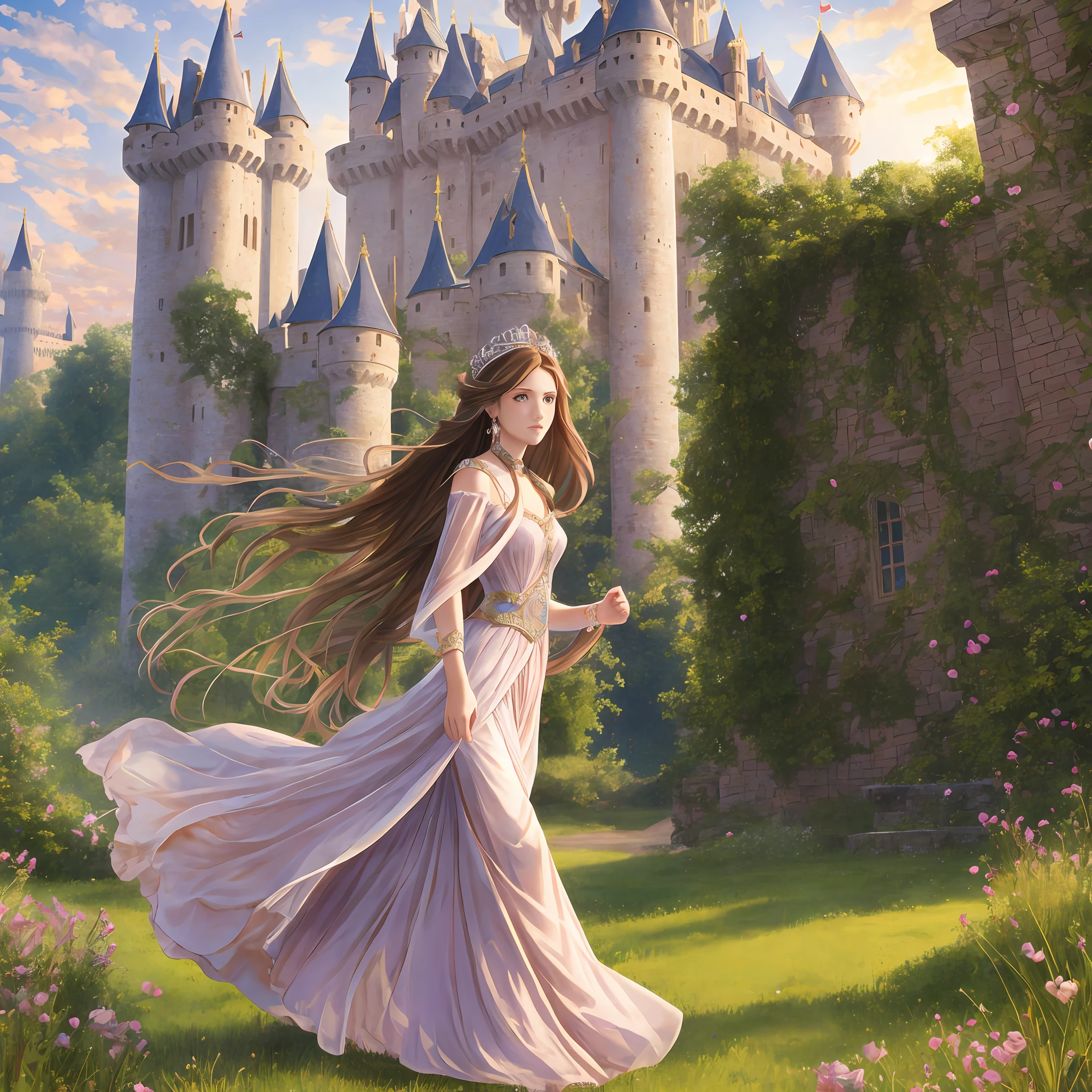Create a scenario of a princess running away from a castle that is in the distance, behind her, she is beautiful, with her long light brown hair, she is wearing a torn dress, she is riding --auto --s2