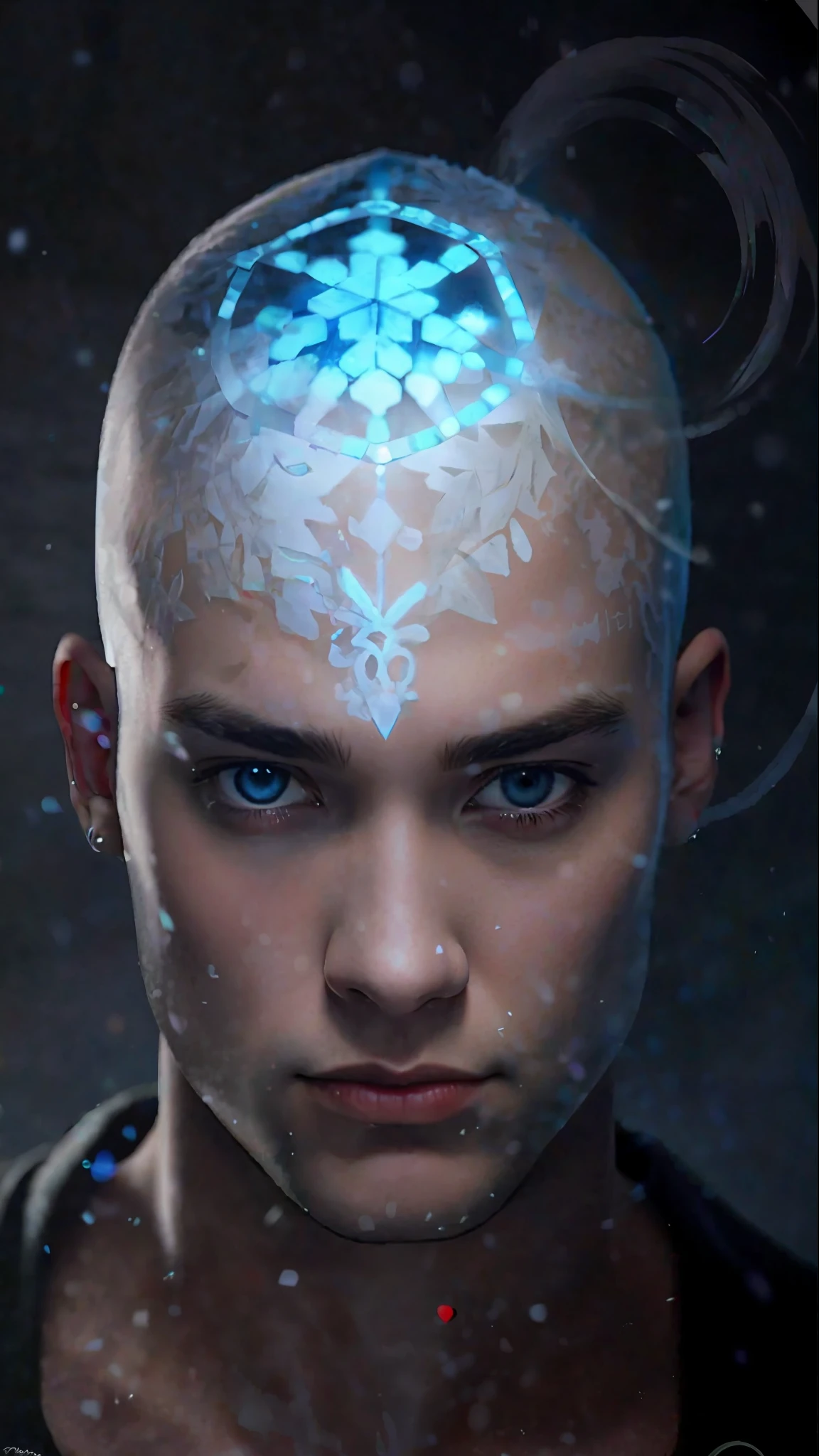 A skinhead man, 21, with a iced skin, a luminous snow tattoo on his head. --auto --s2