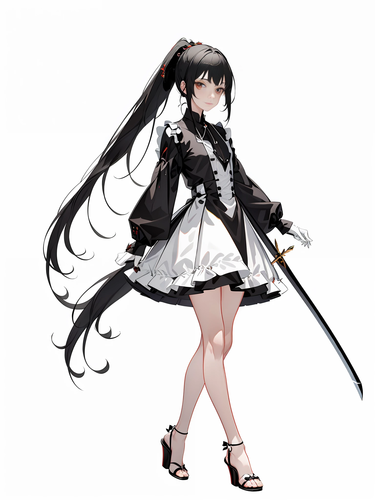 Long black hair, high ponytail, European rapier sword, black hair, black hair, bangs tilted to one side --auto --s2